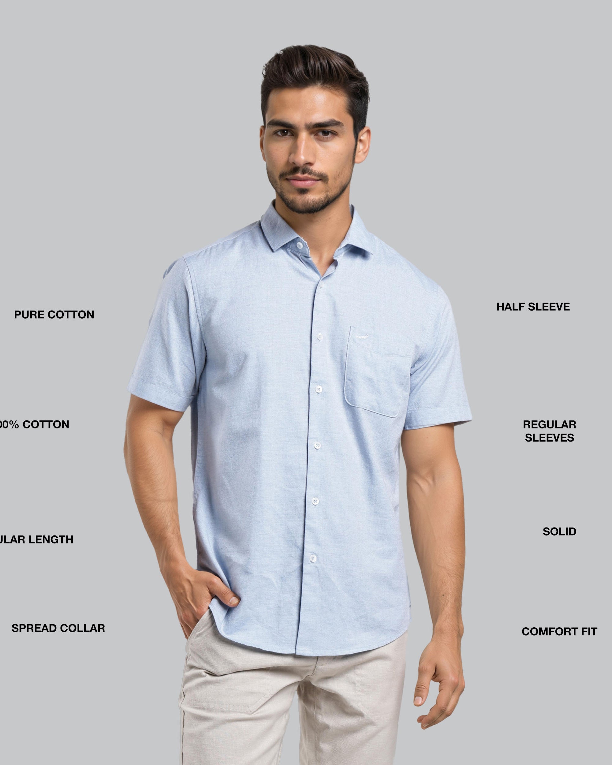 Man wearing a light blue short-sleeve shirt with text describing features on a gray background