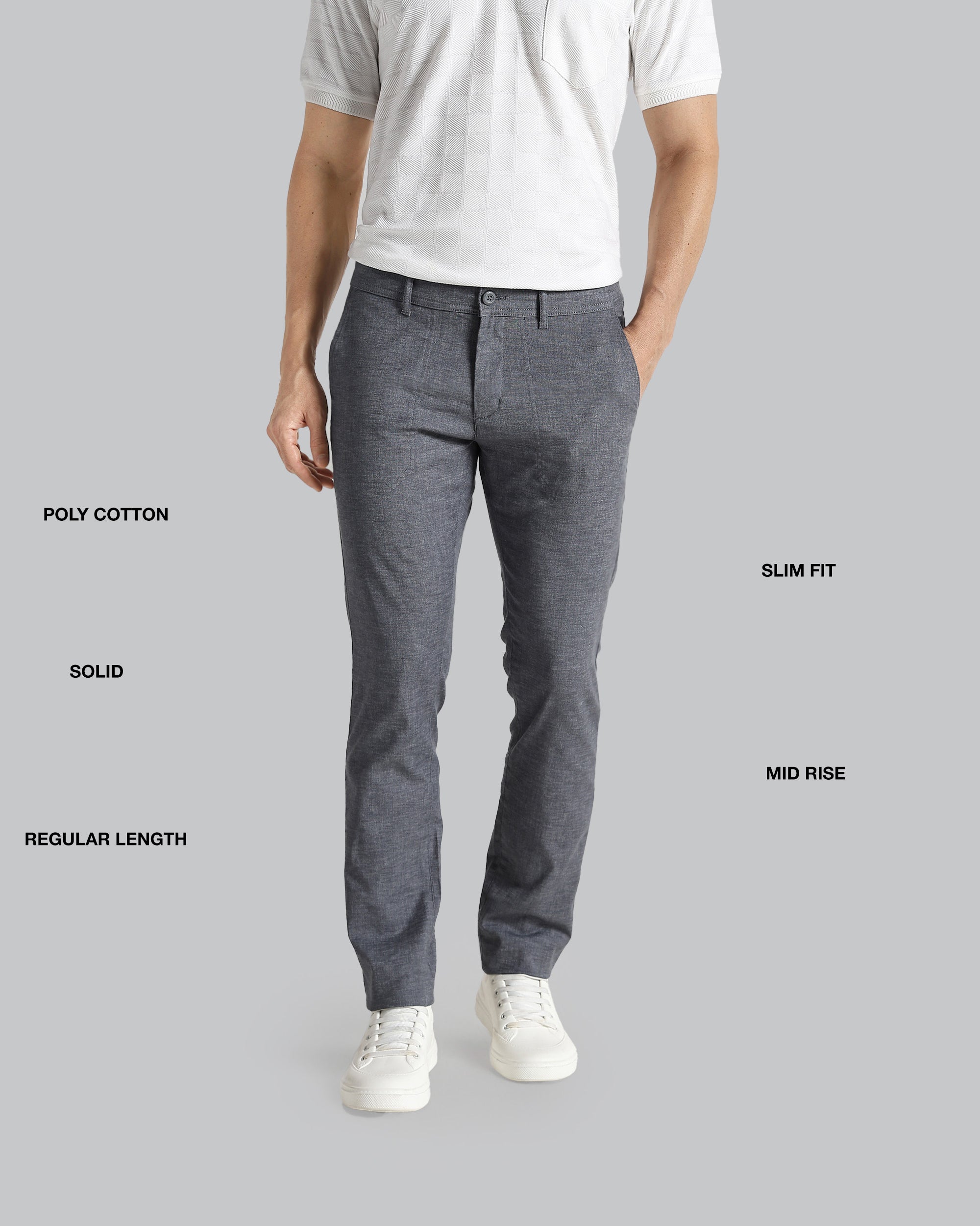 Person wearing gray pants with text labels on a gray background