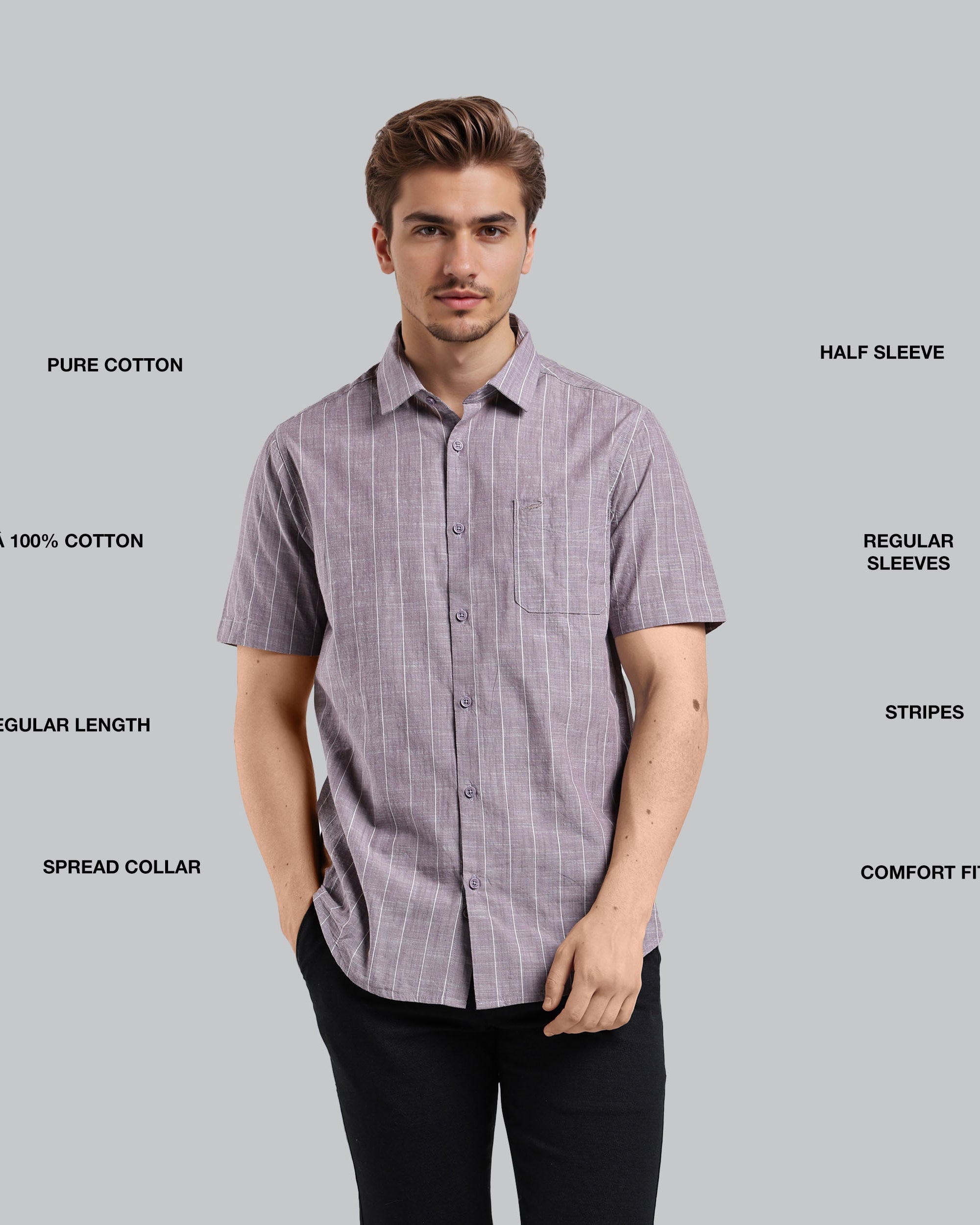 Man wearing a purple checkered shirt with text labels on a gray background