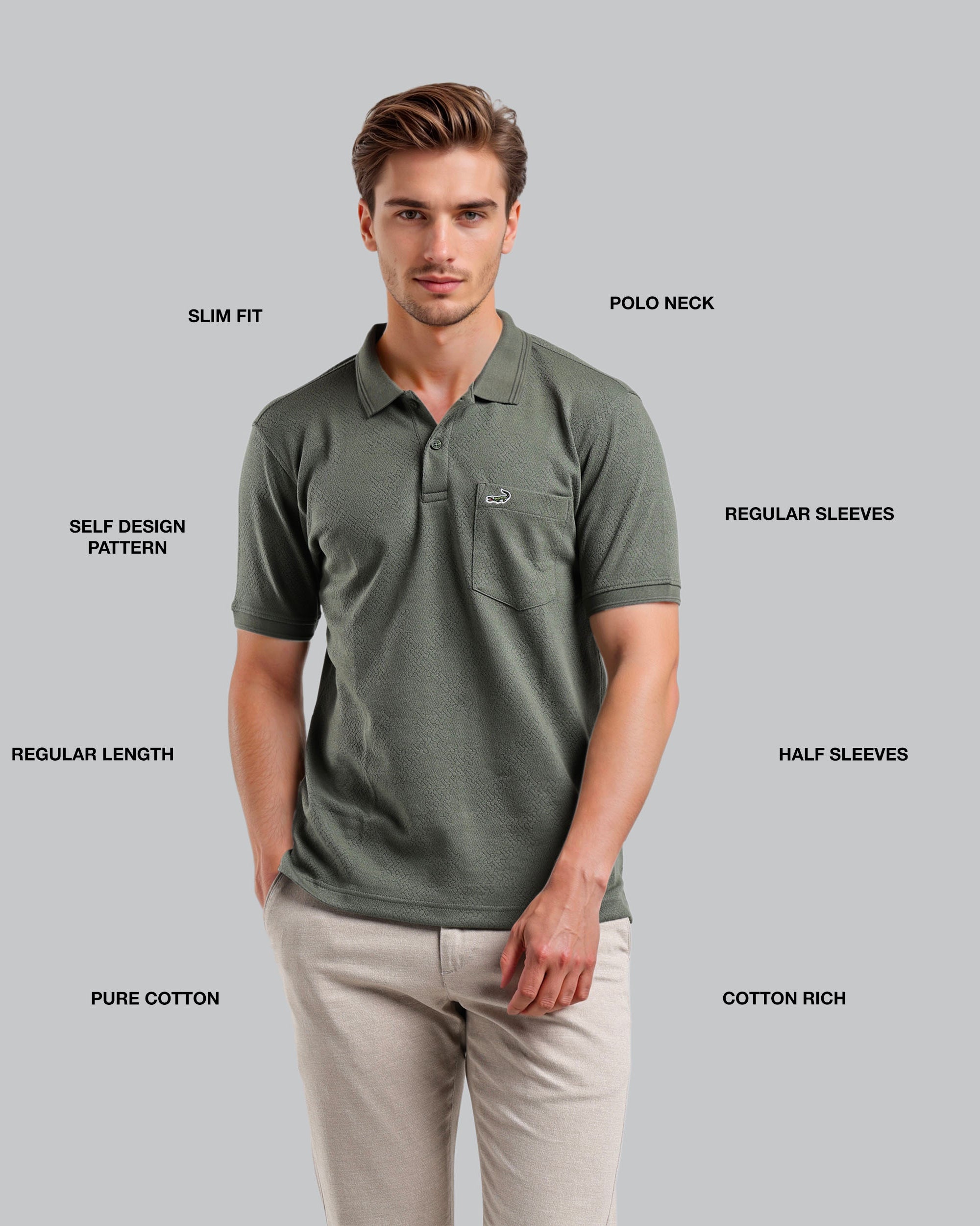Man wearing a green polo shirt with text labels on a gray background
