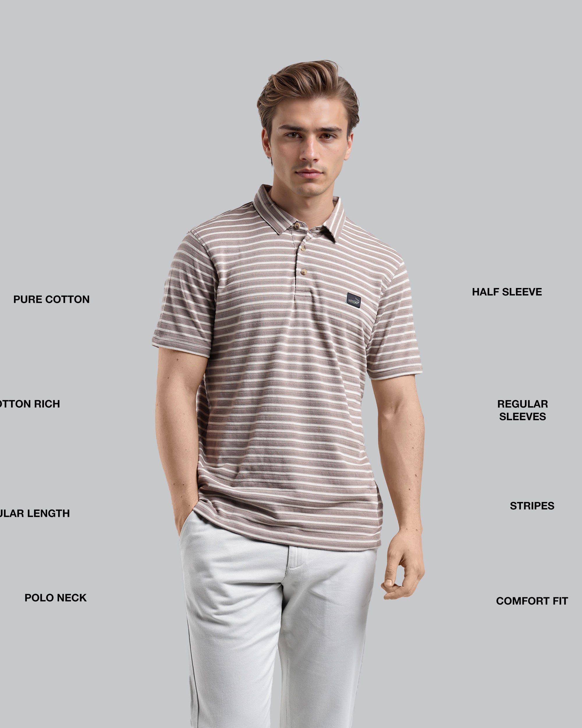 Man wearing a striped polo shirt with text describing features on a gray background