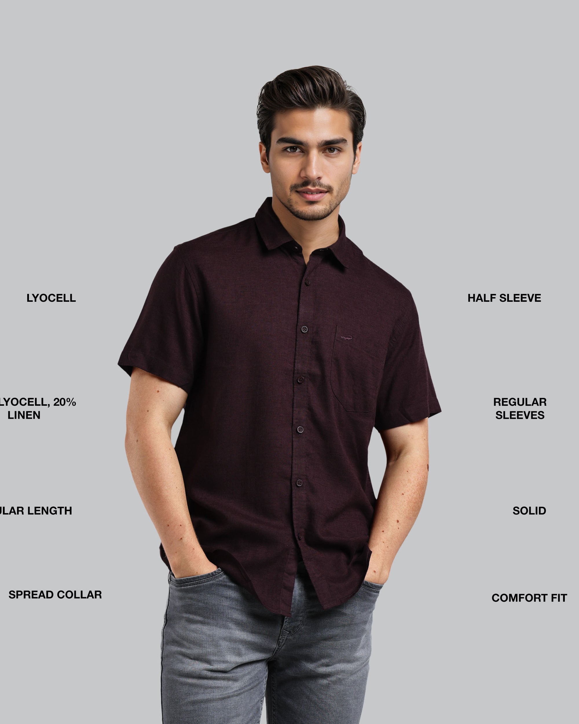 Man wearing a dark brown shirt with text describing fabric composition and style features on a gray background