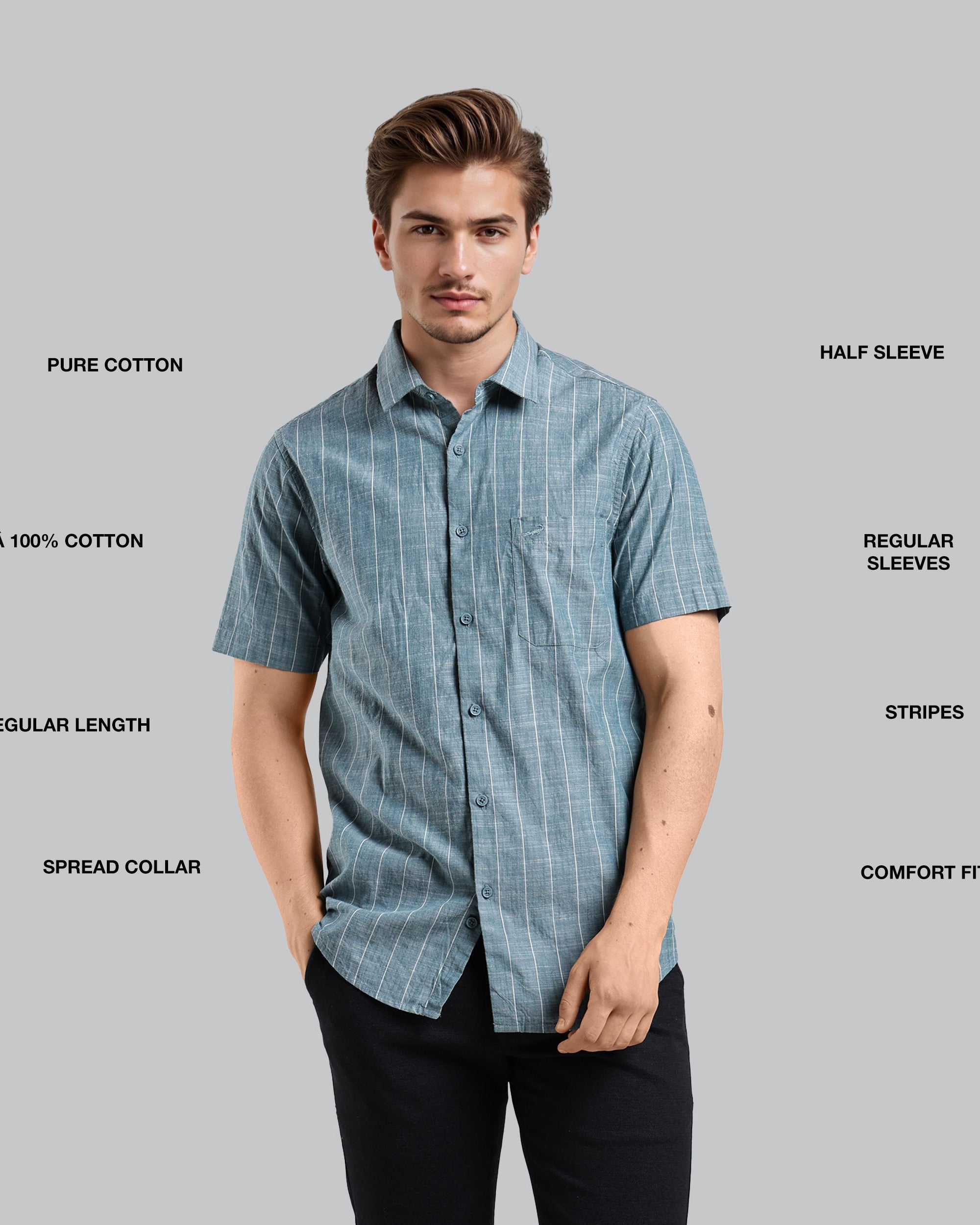 Man wearing a blue checkered shirt with text labels on a gray background