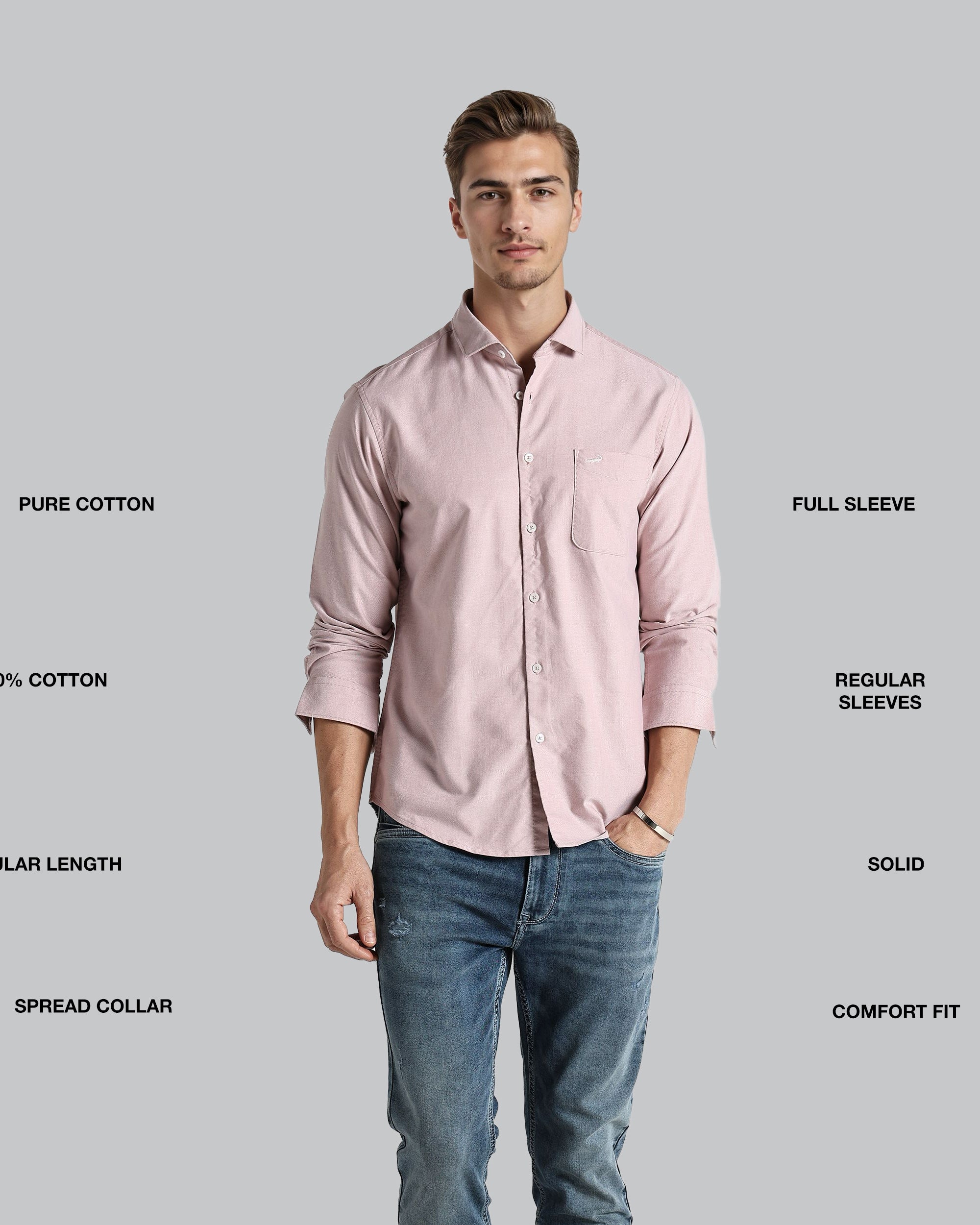 Man wearing a pink shirt and blue jeans with text describing shirt features on a gray background