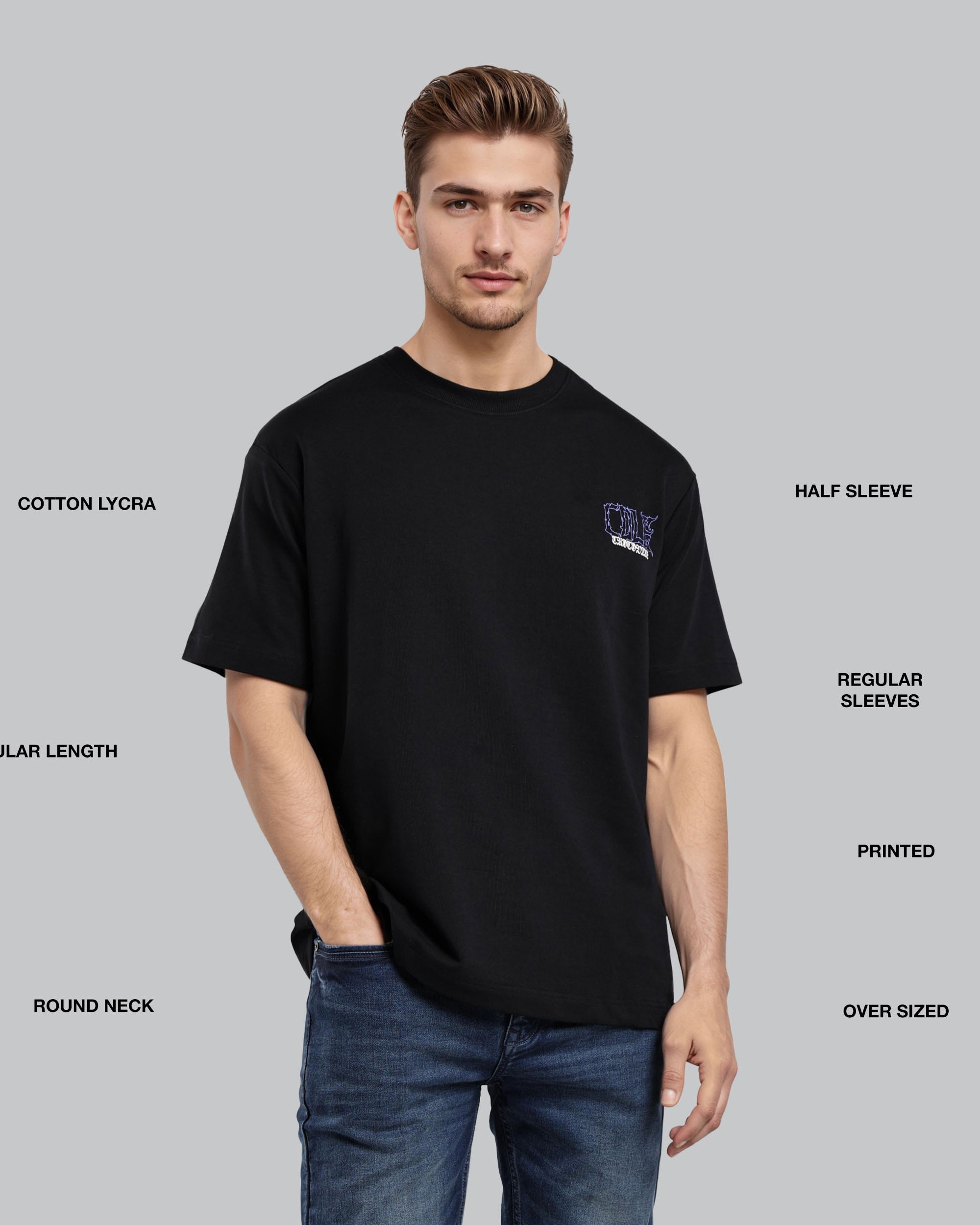 Man wearing a black t-shirt with text labels on a gray background