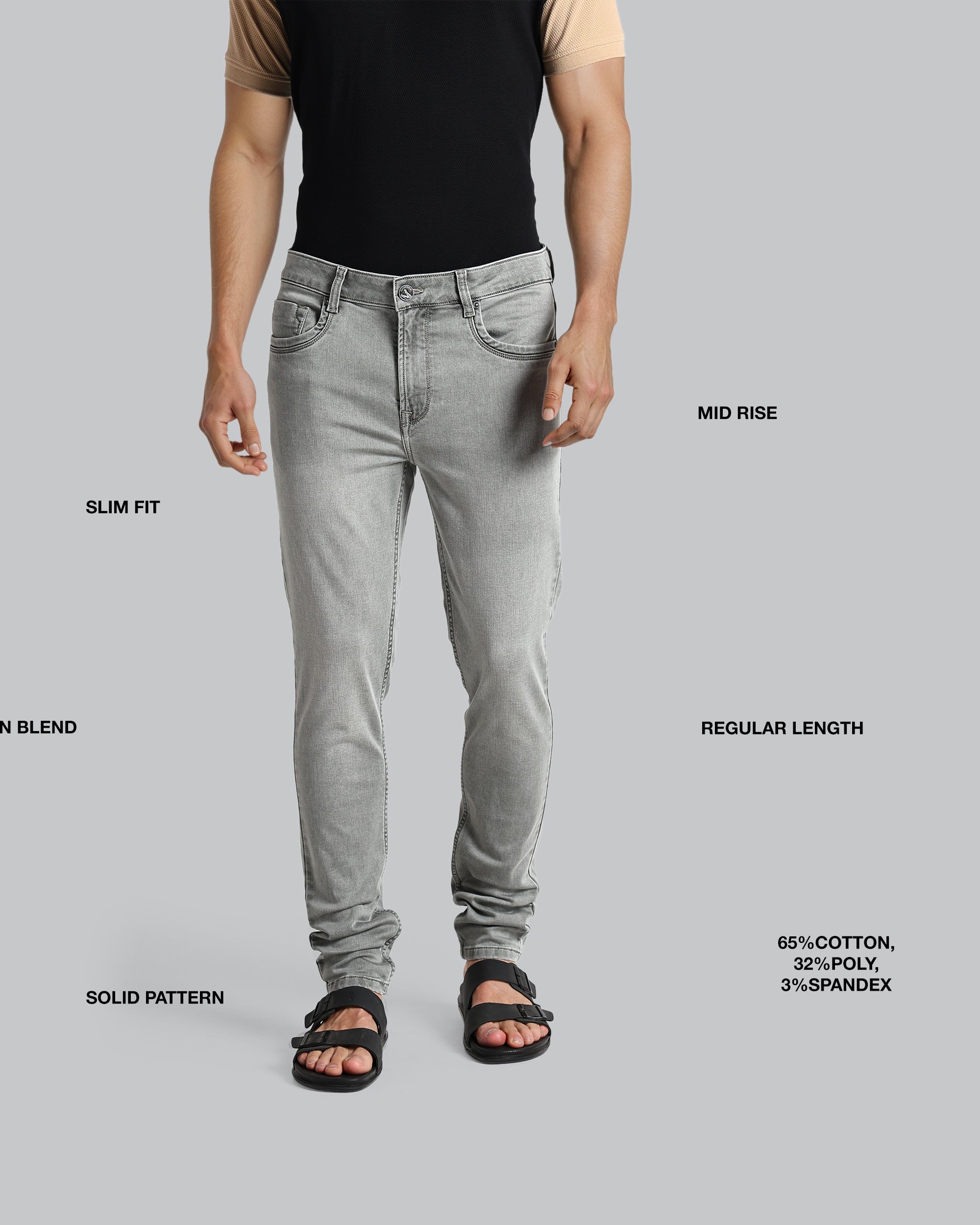 Gray jeans being worn on a gray background with text labels.