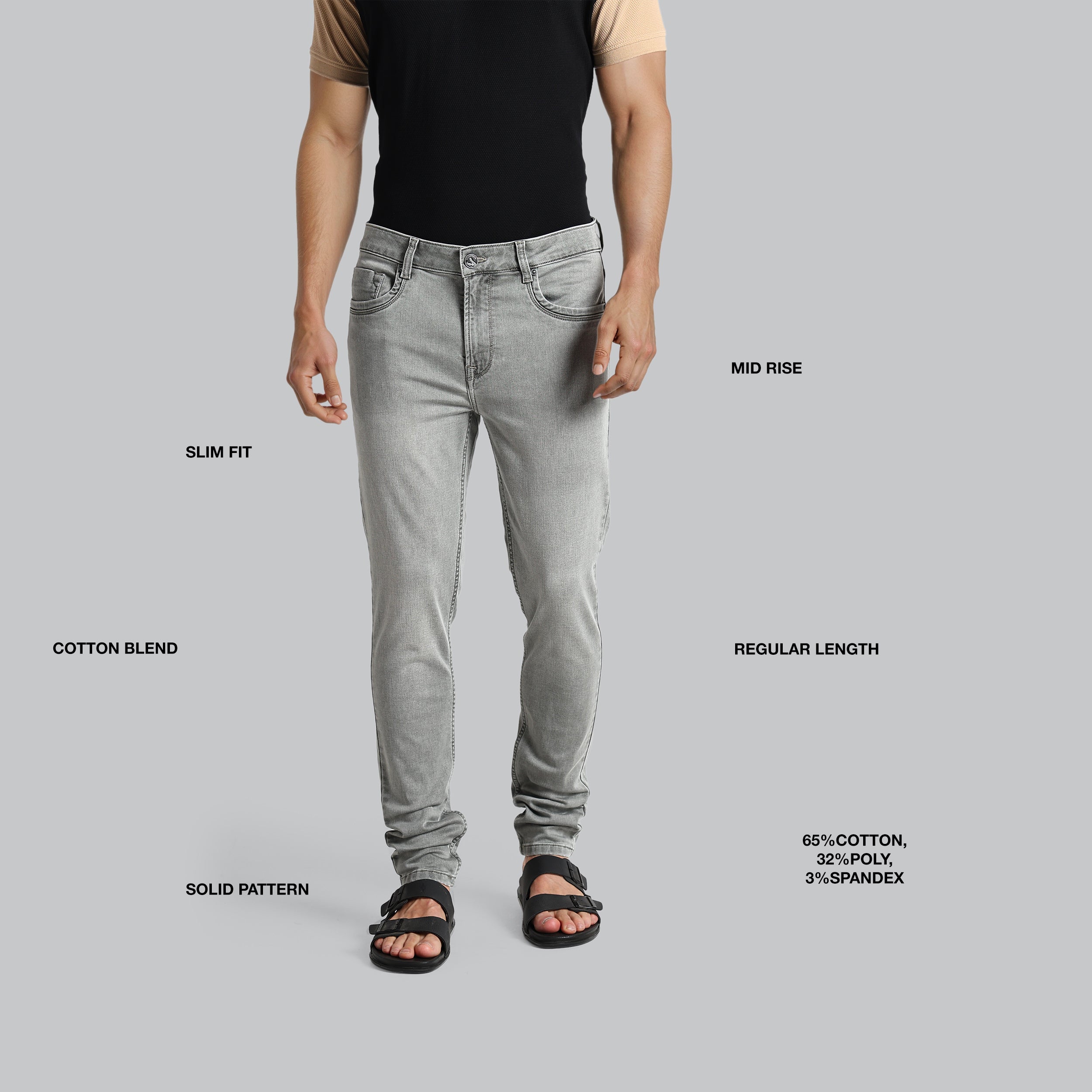 Gray jeans being worn on a gray background with text labels.