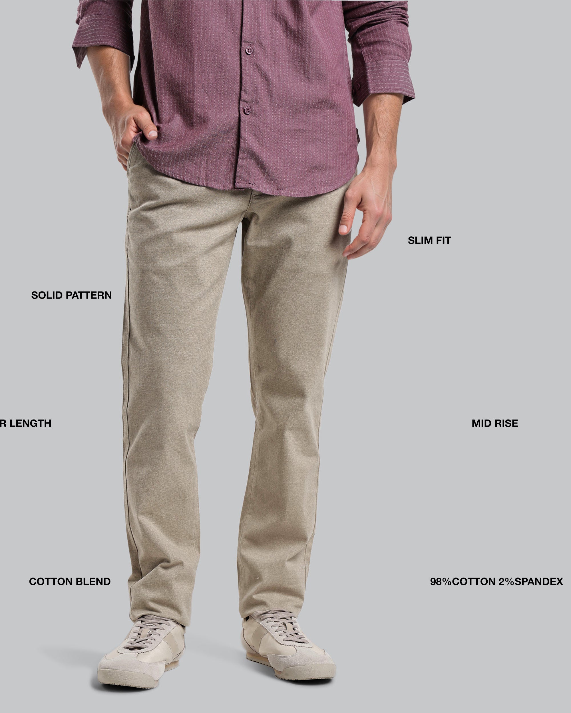 Person wearing beige pants with text labels on a gray background