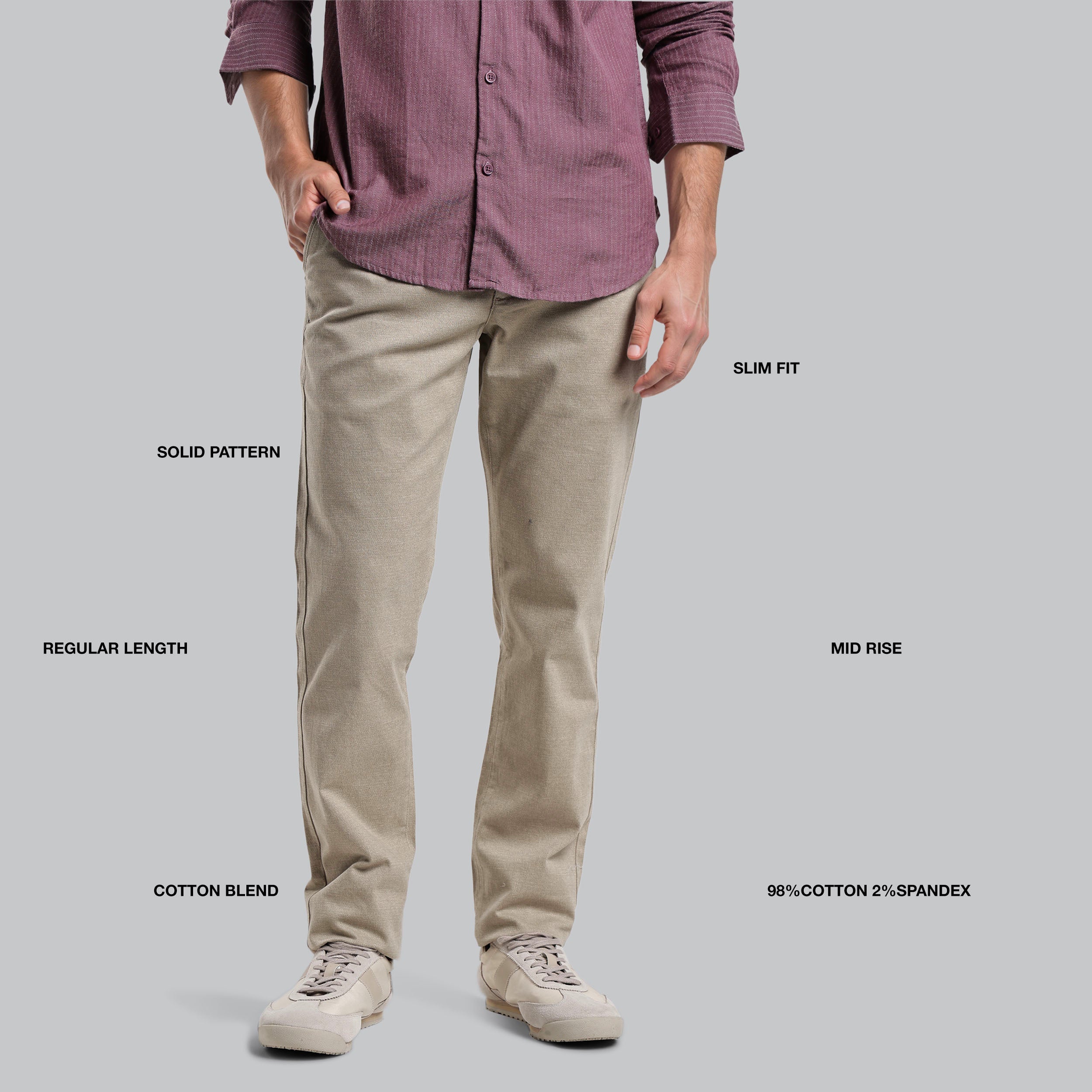 Person wearing beige pants with text labels on a gray background