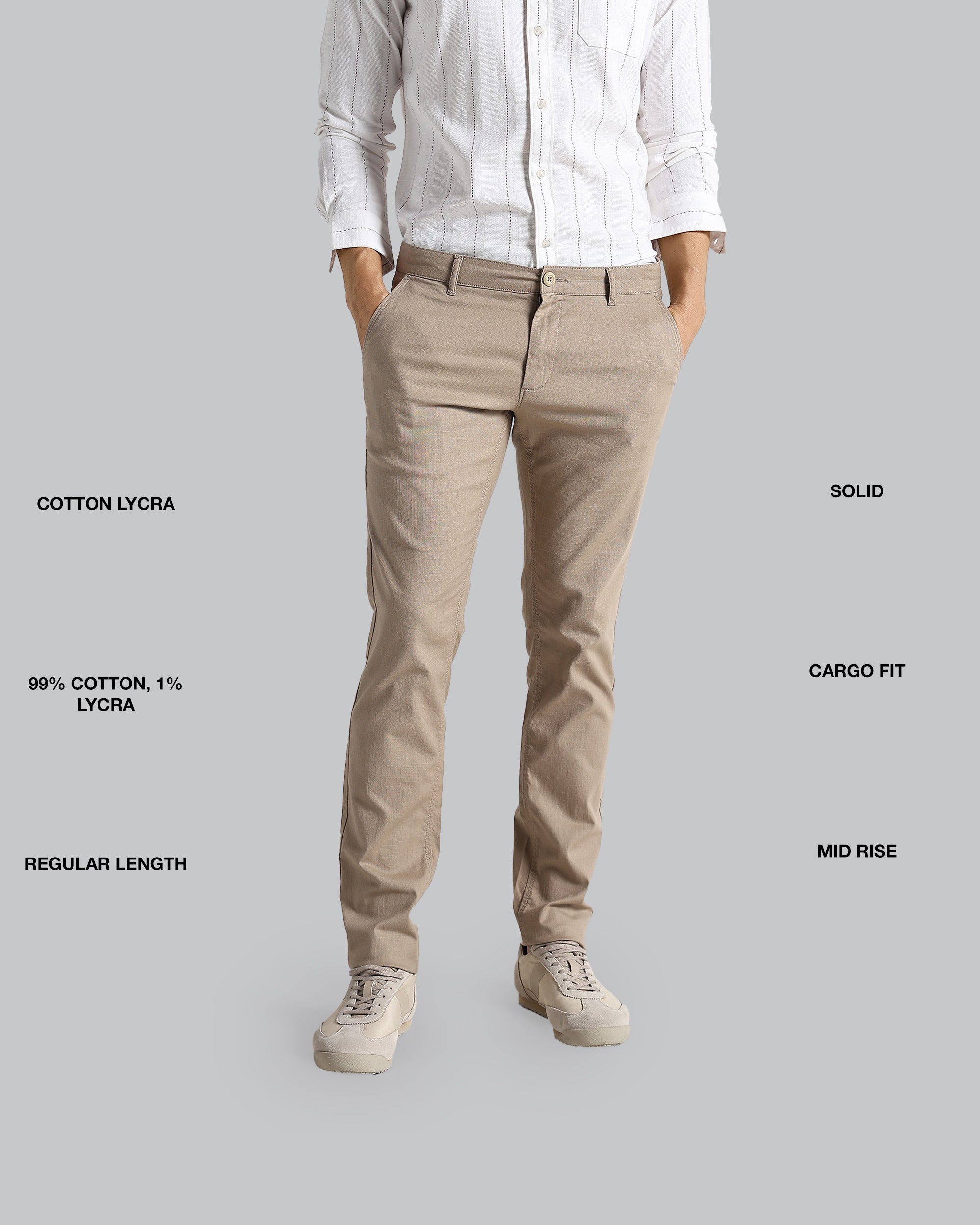 Person wearing beige pants with text labels on a gray background
