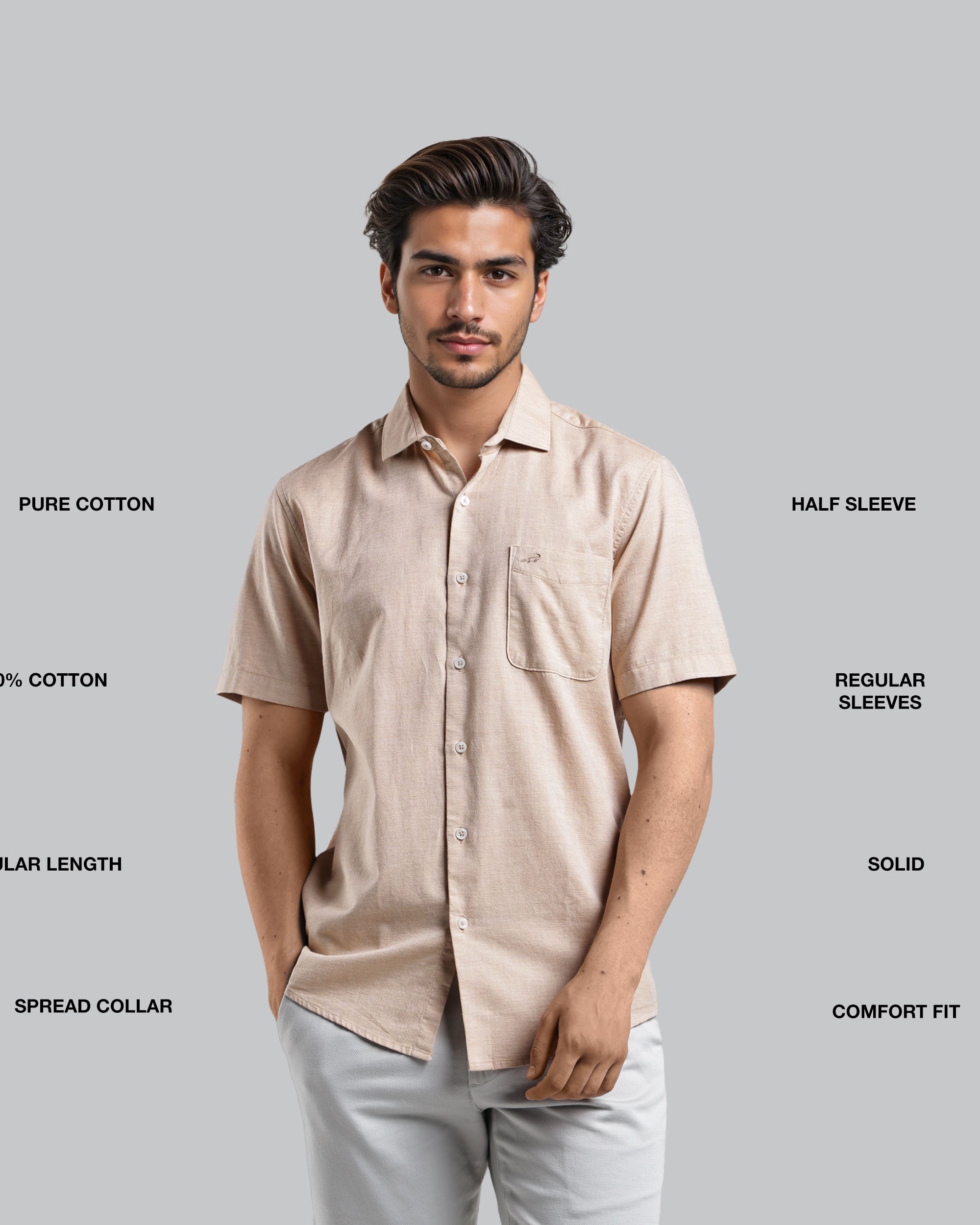 Man wearing a beige short-sleeve shirt with text describing features on a gray background