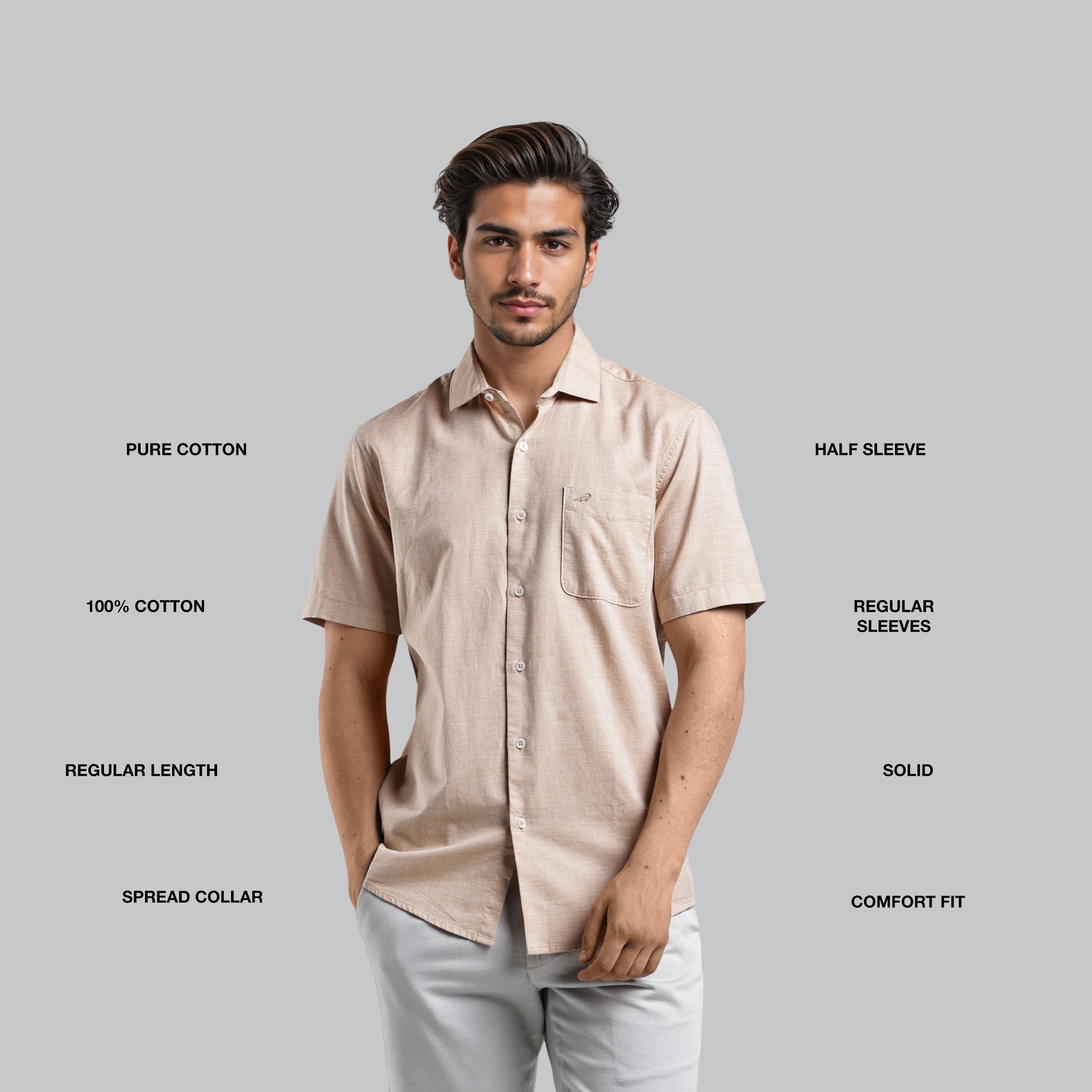 Man wearing a beige short-sleeve shirt with text describing features on a gray background