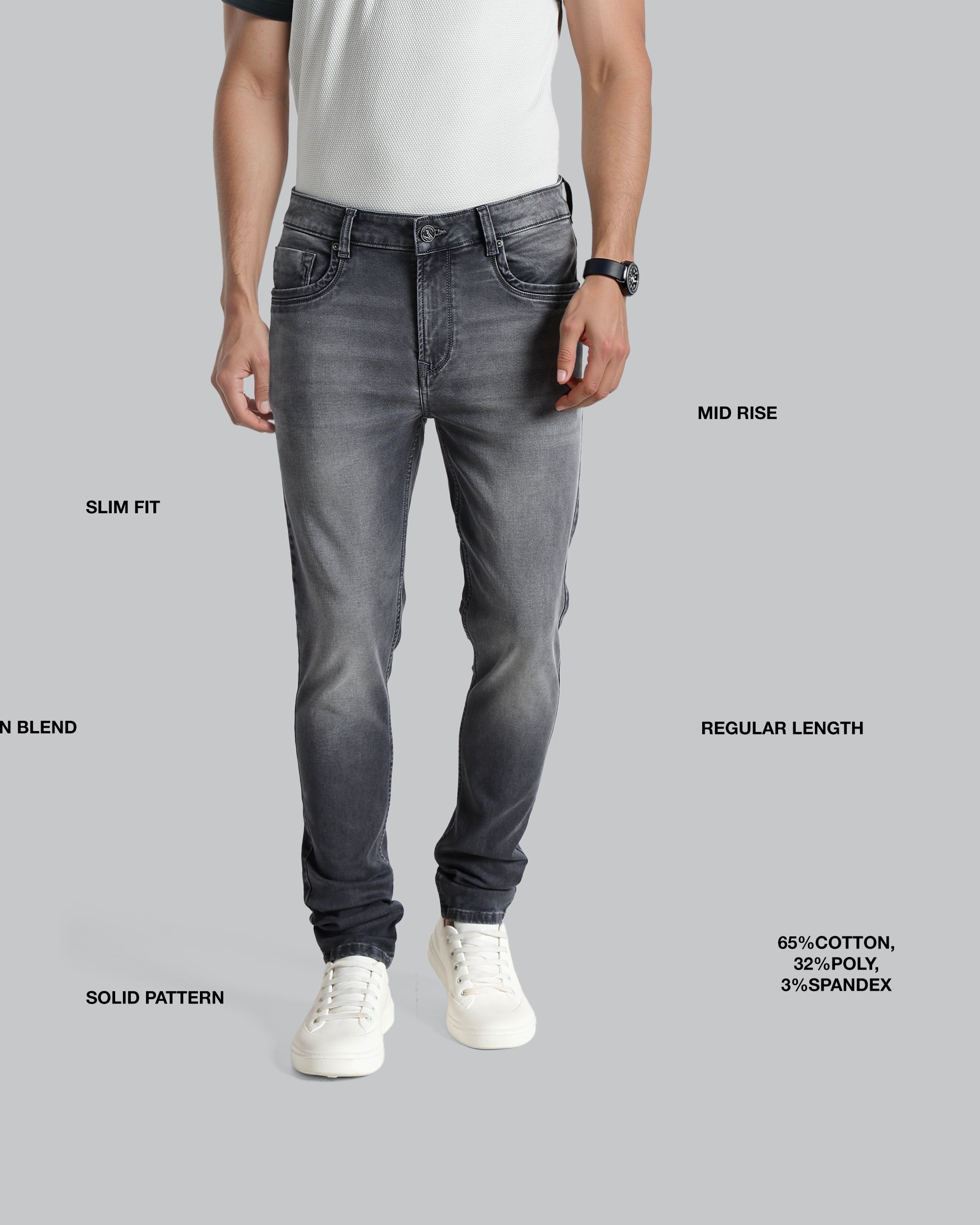 Person wearing gray jeans with text labels on a gray background
