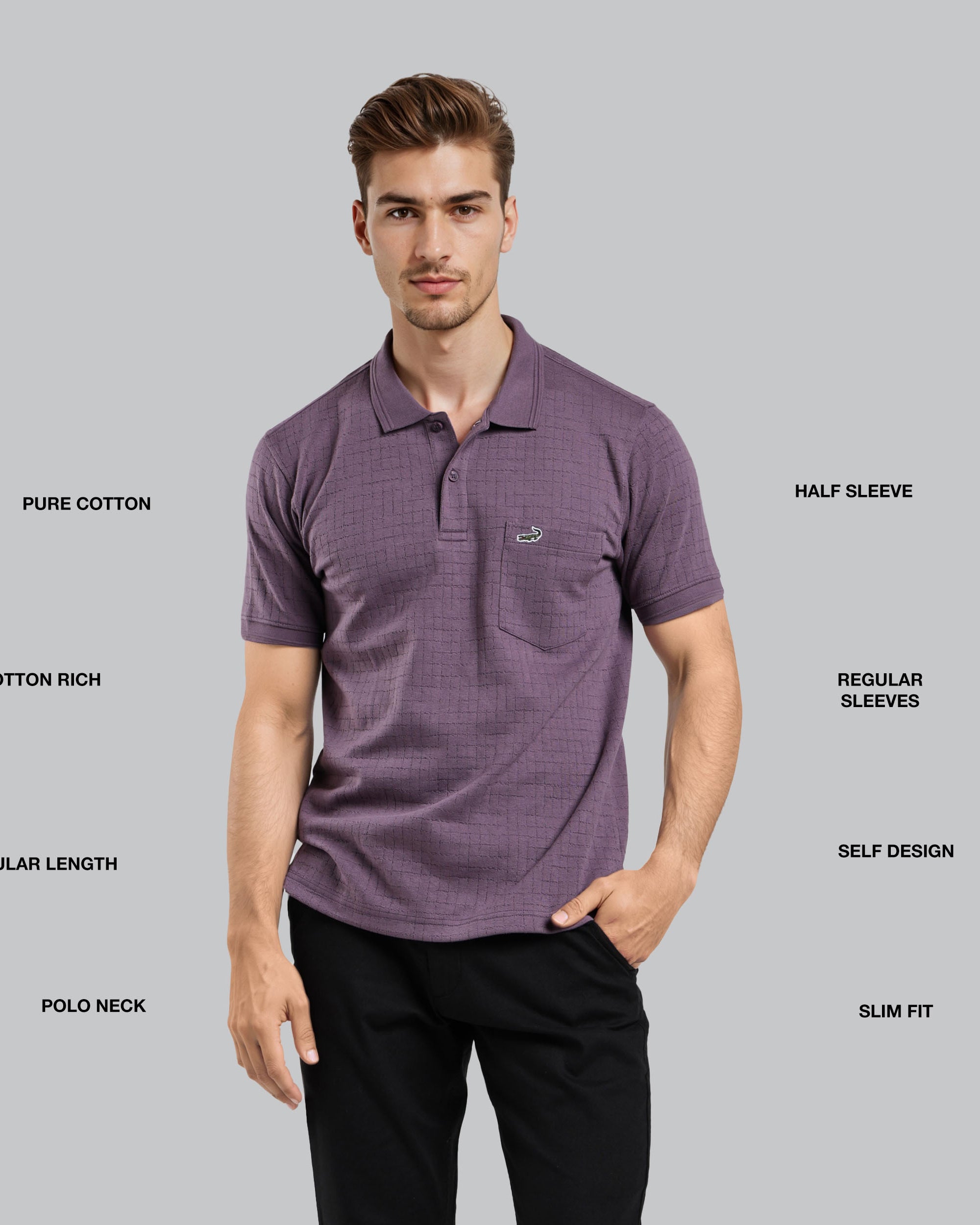 Man wearing a purple polo shirt with text describing features on a gray background