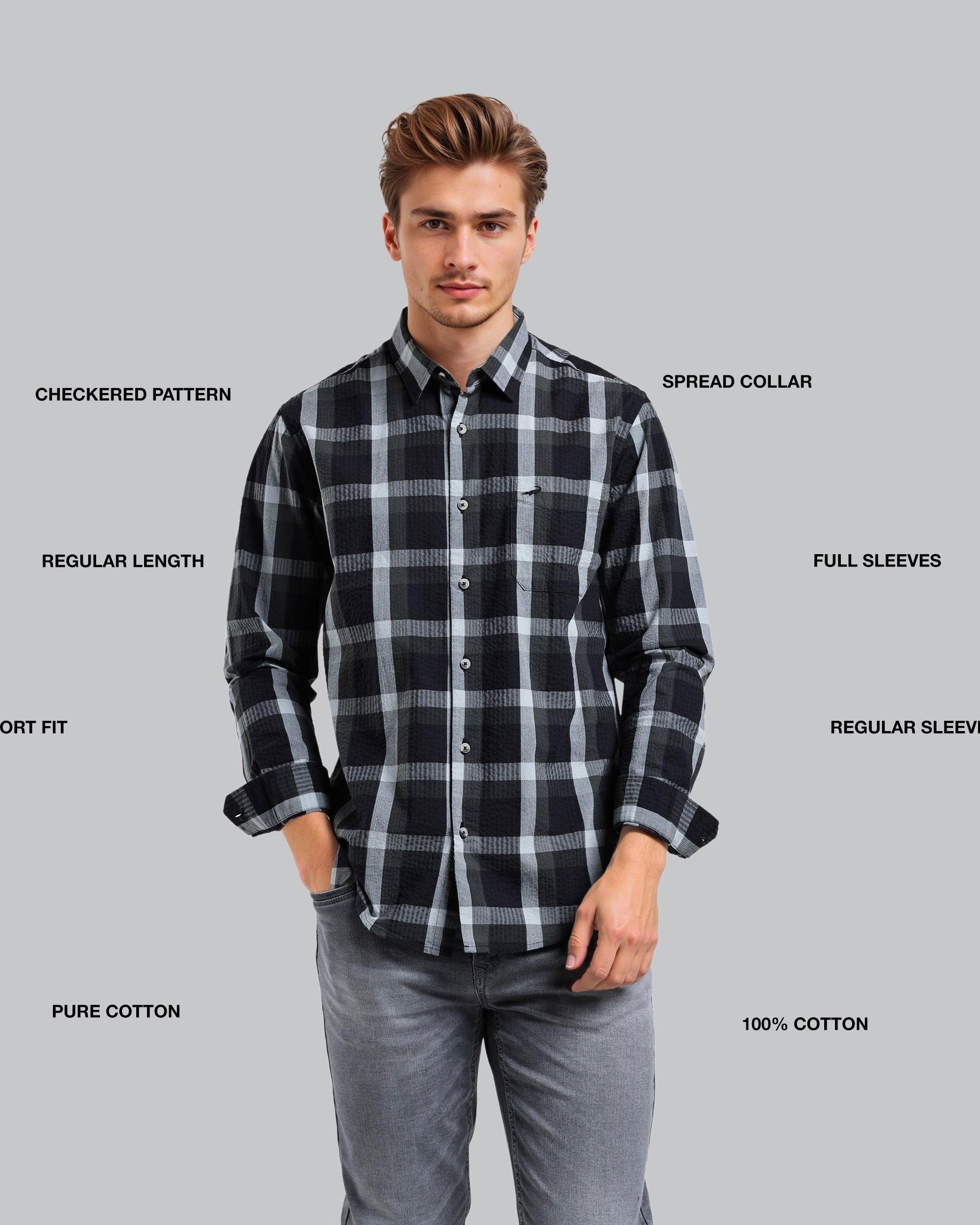 Man wearing a black and gray plaid shirt with text labels on a gray background