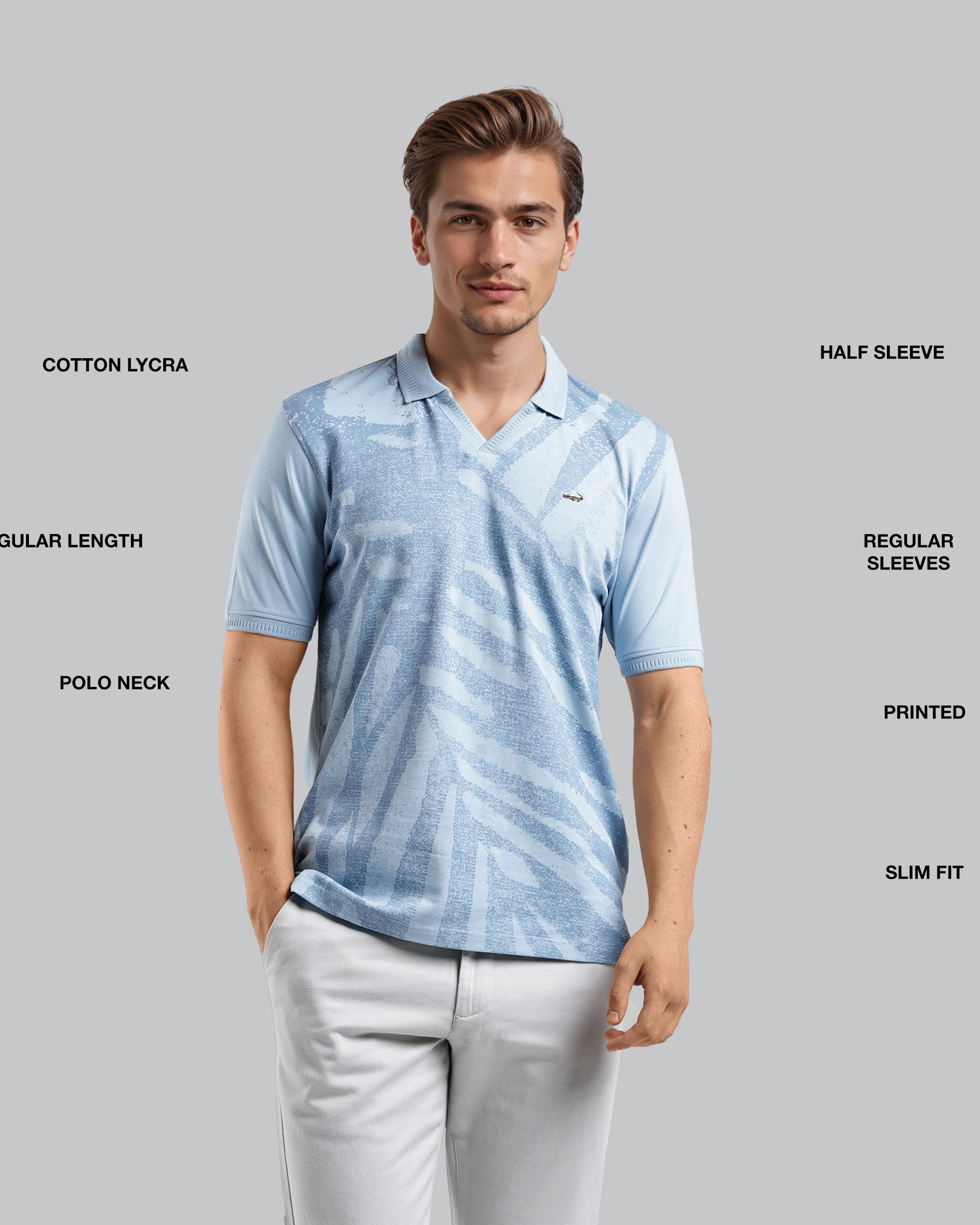 Man wearing a light blue patterned polo shirt with text labels on a gray background