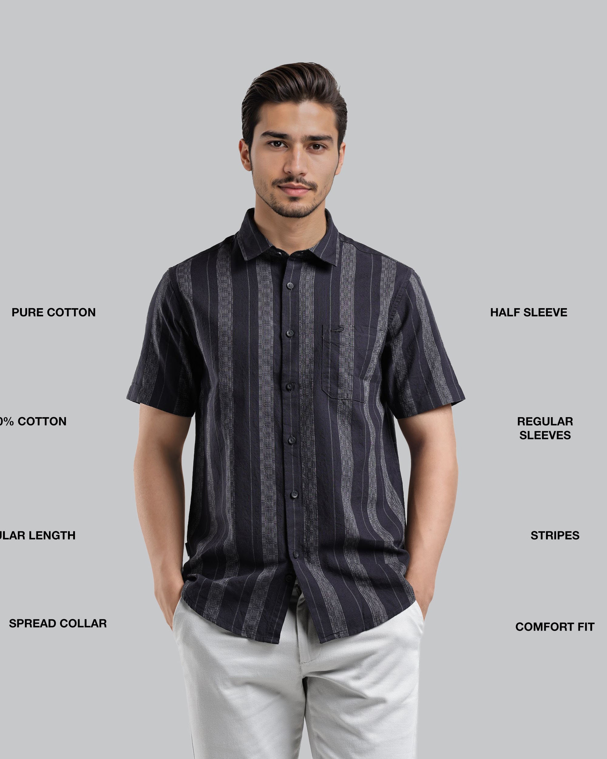 Man wearing a black striped shirt with text labels on a gray background