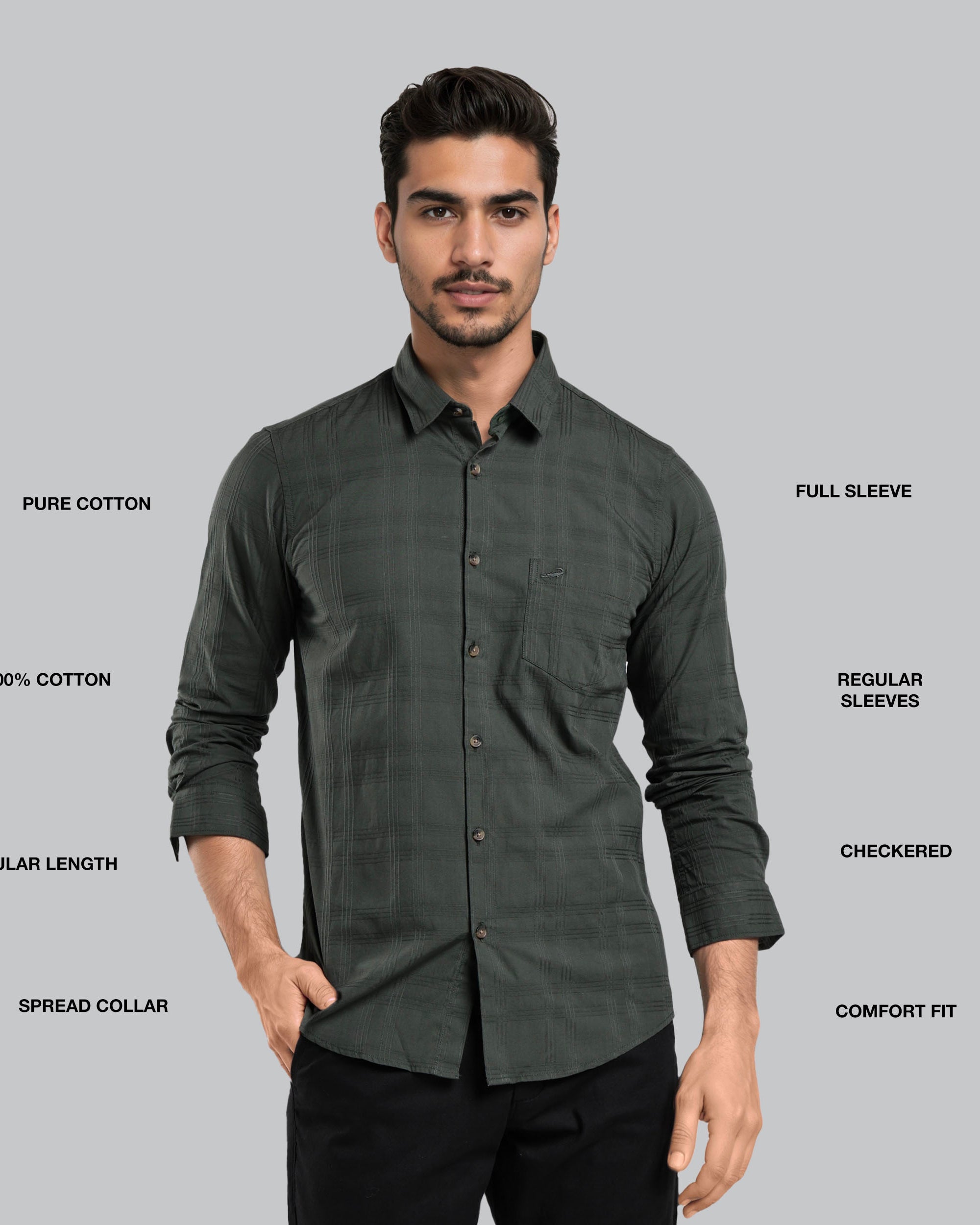 Man wearing a dark green checkered shirt with text describing features on a gray background