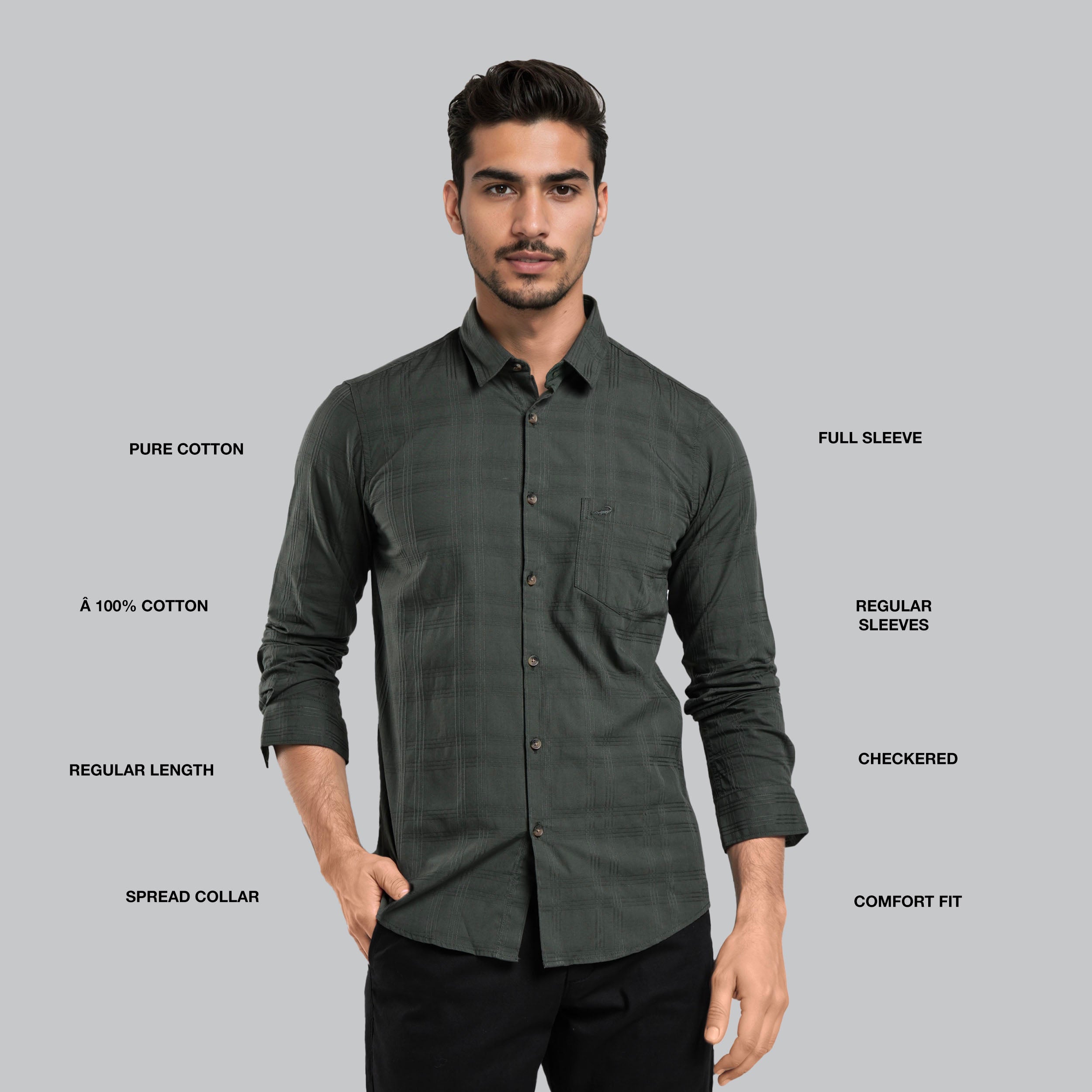 Man wearing a dark green checkered shirt with text describing features on a gray background