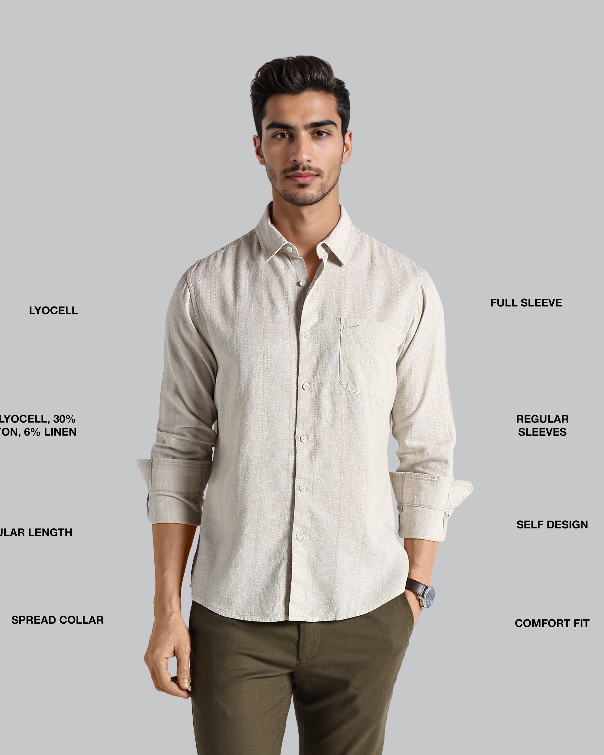 Man wearing a light-colored shirt with text detailing fabric composition and style features on a gray background