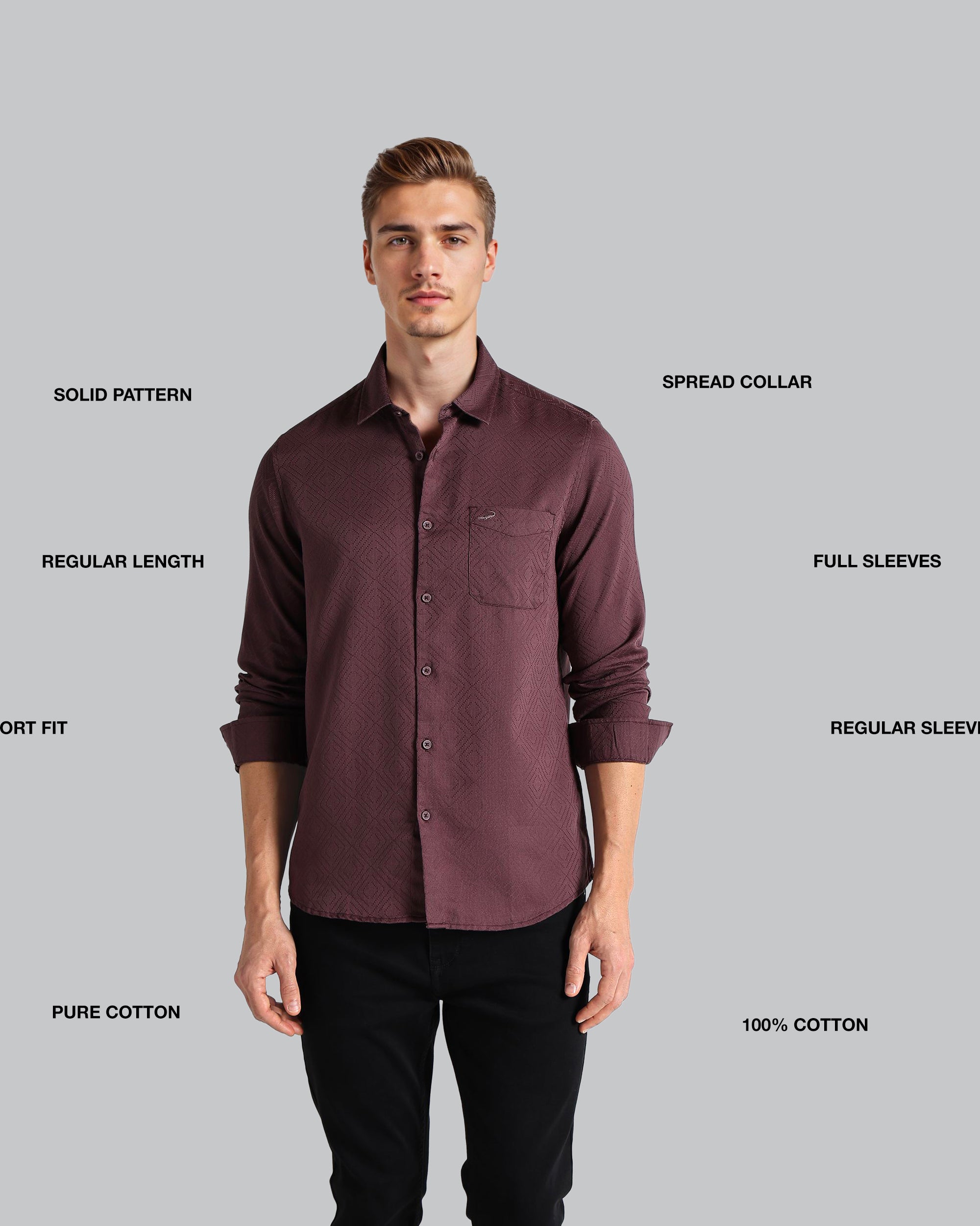 Man wearing a maroon shirt with text labels on a gray background