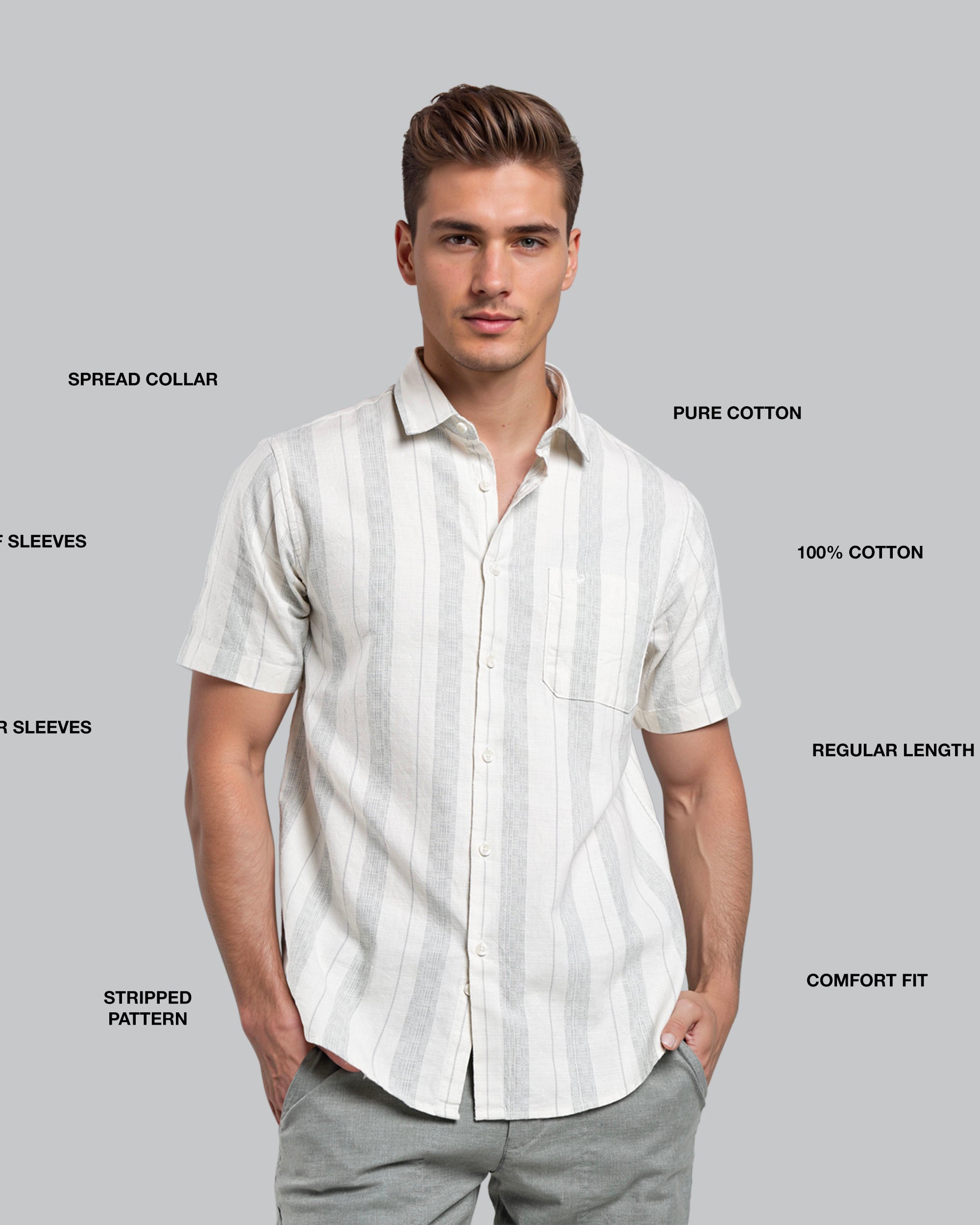 Man wearing a white striped shirt with text labels on a gray background