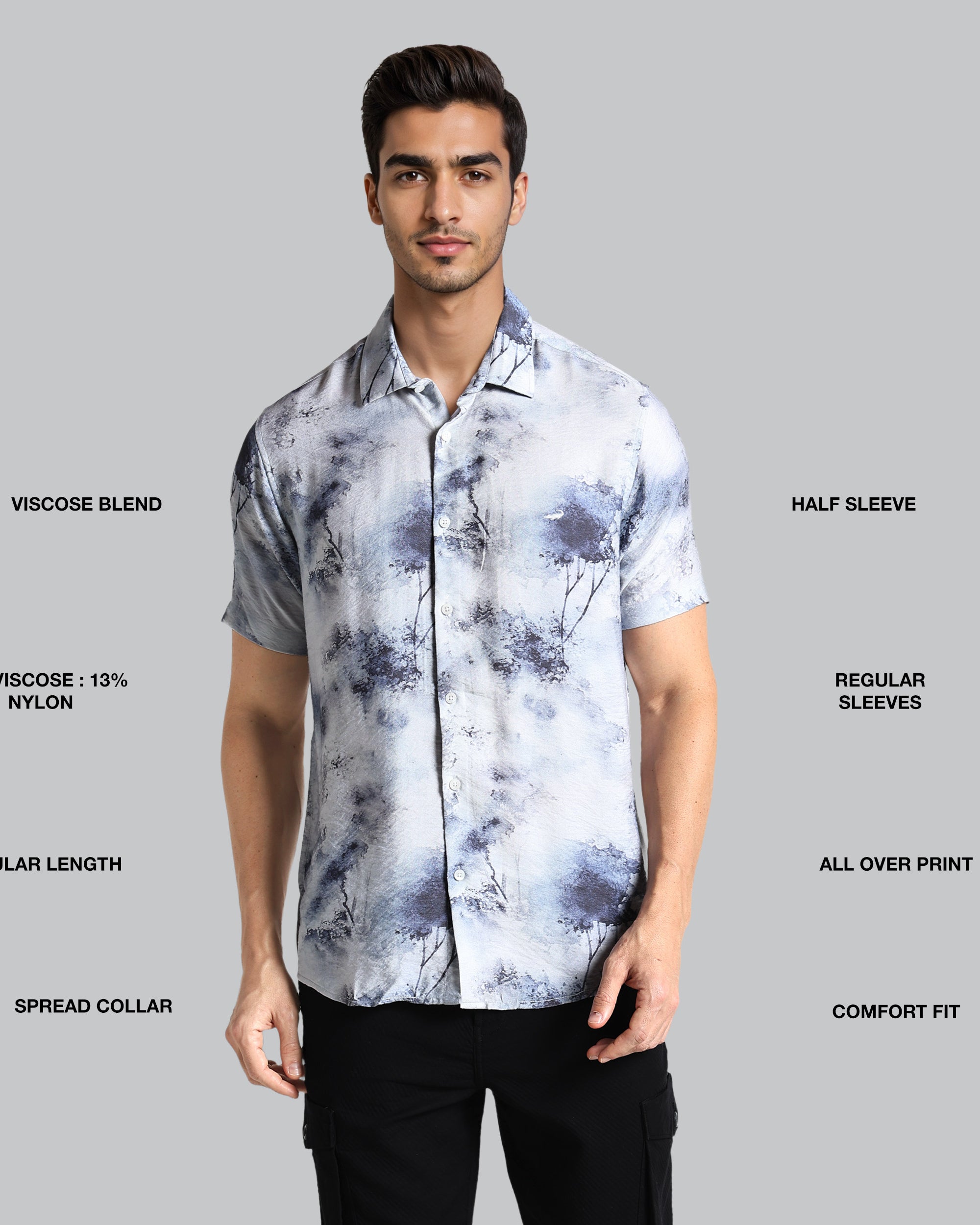 Man wearing a patterned shirt with text detailing fabric blend, sleeve length, and other features on a gray background