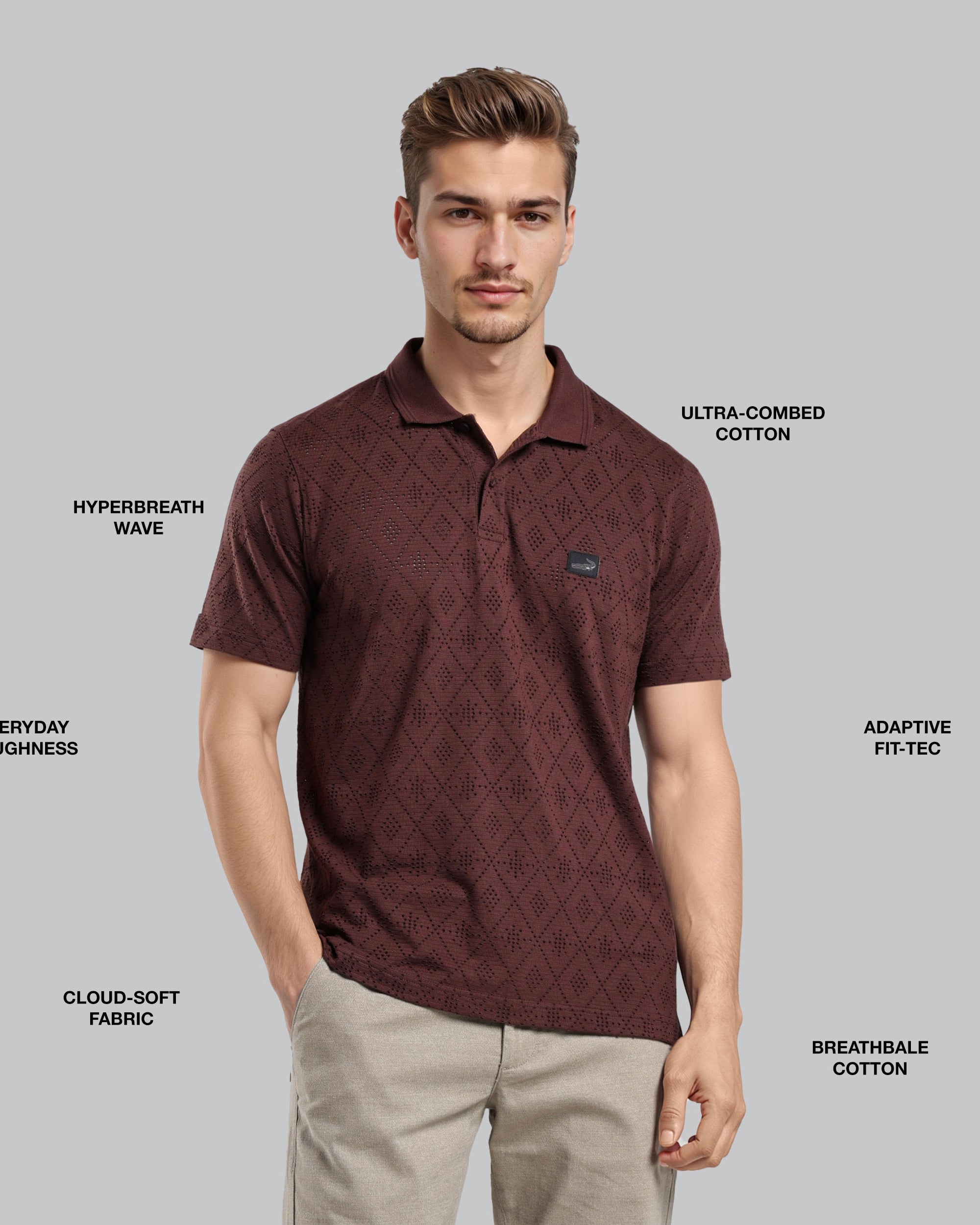 Man wearing a brown polo shirt with text highlighting fabric features on a gray background