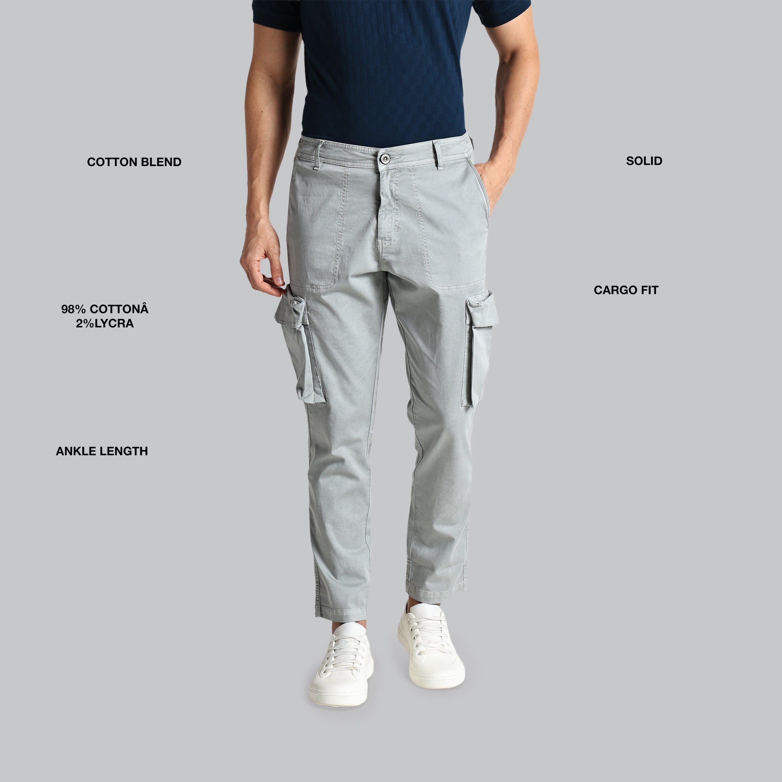 Person wearing gray cargo pants with text detailing fabric blend, length, and fit on a gray background