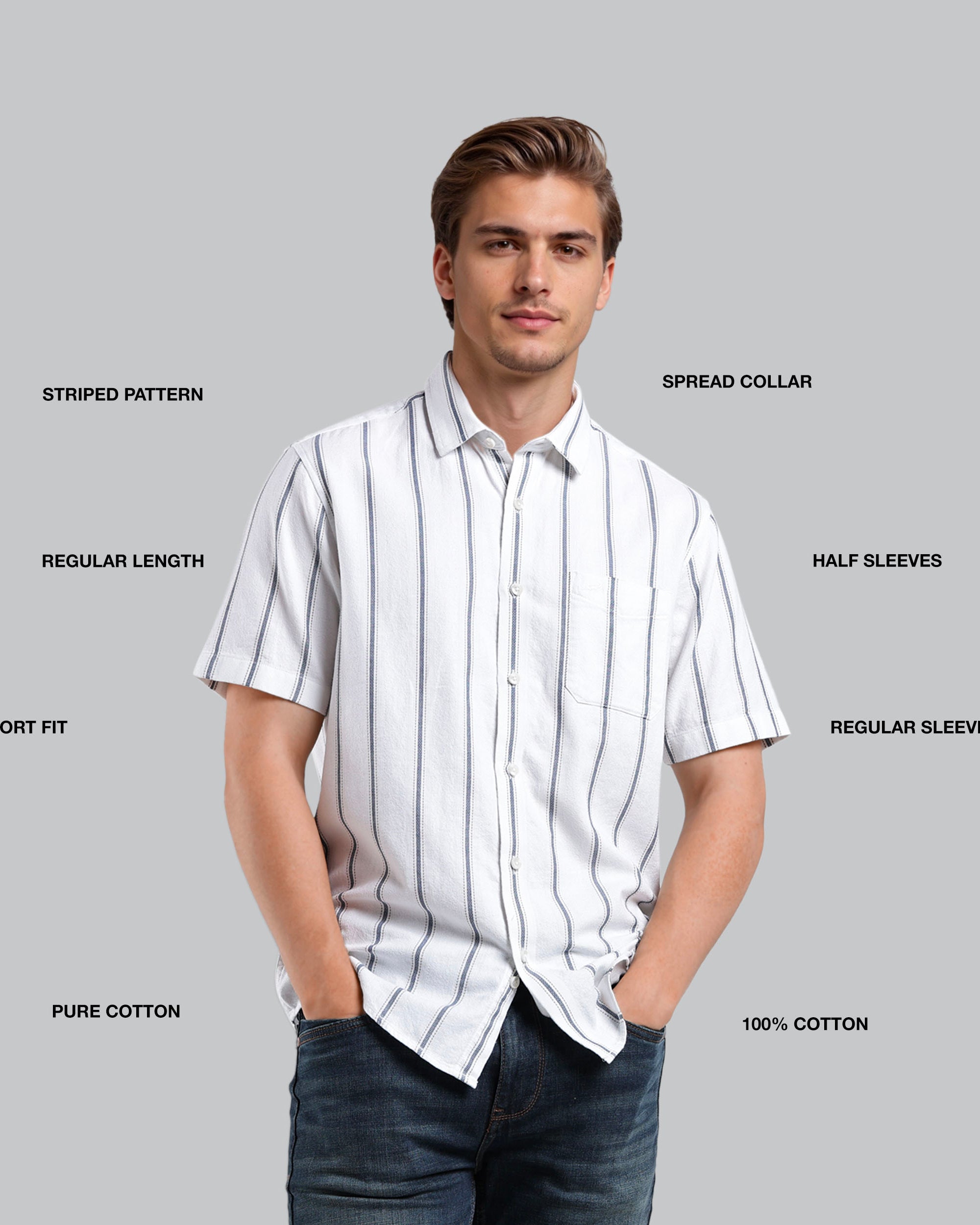 Man wearing a white striped shirt with text labels on a gray background