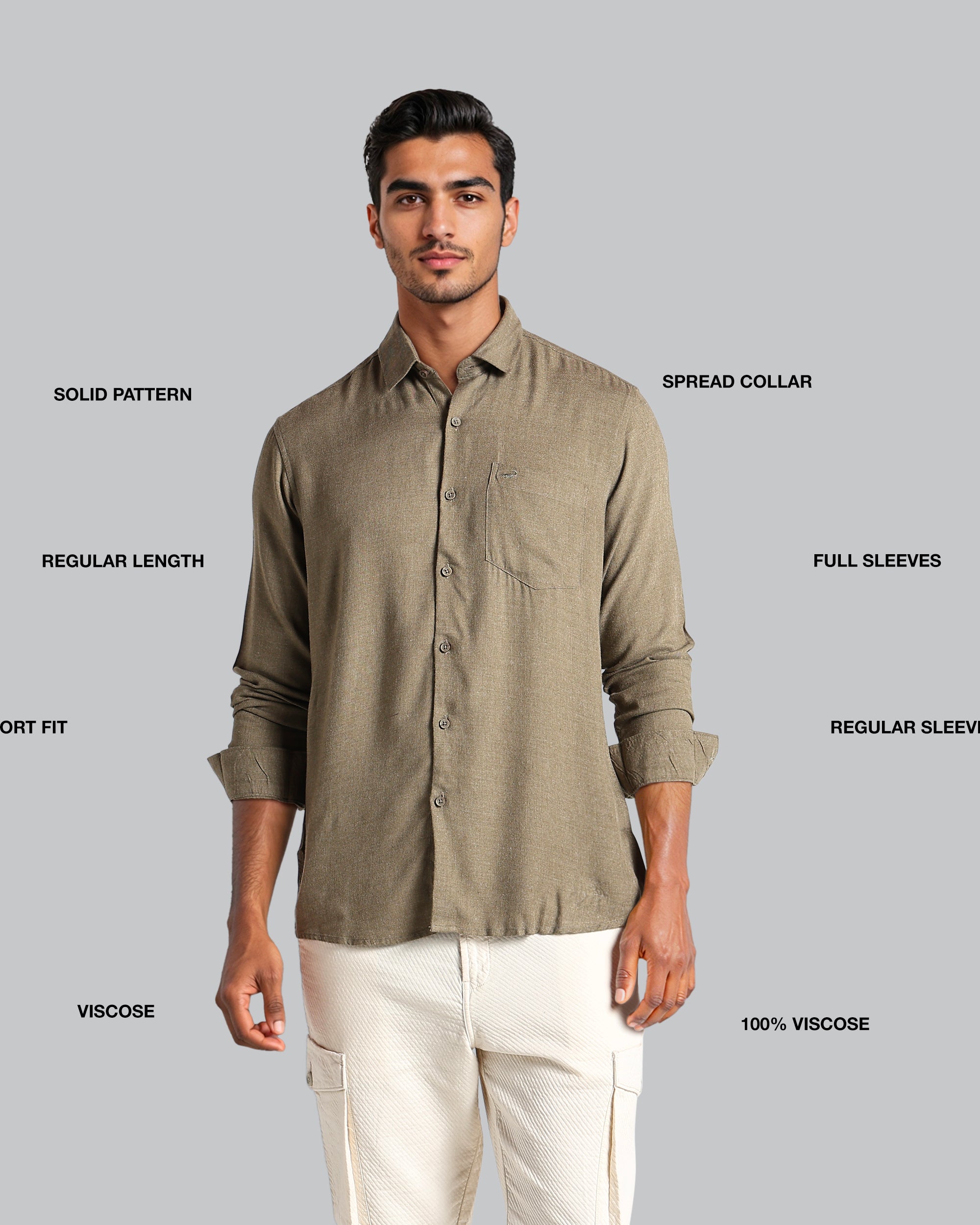 Man wearing a brown shirt with text labels on a gray background