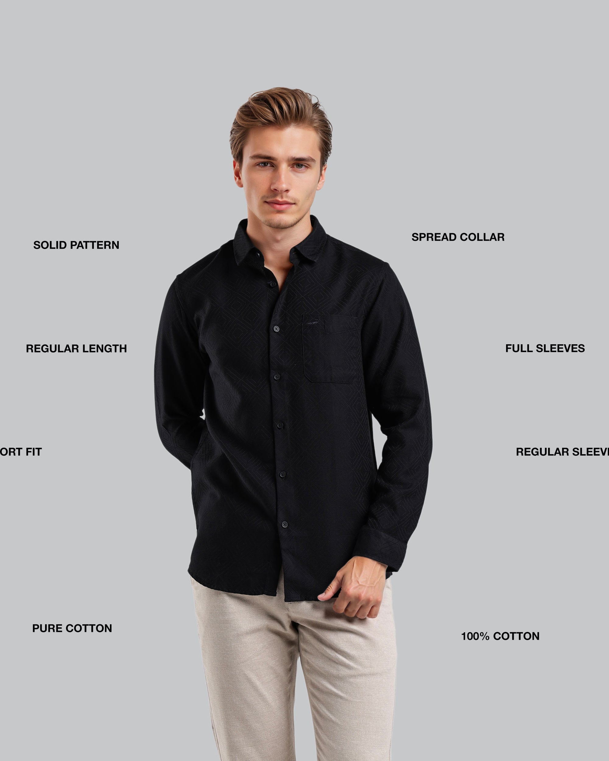 Man wearing a black shirt with text labels on a gray background