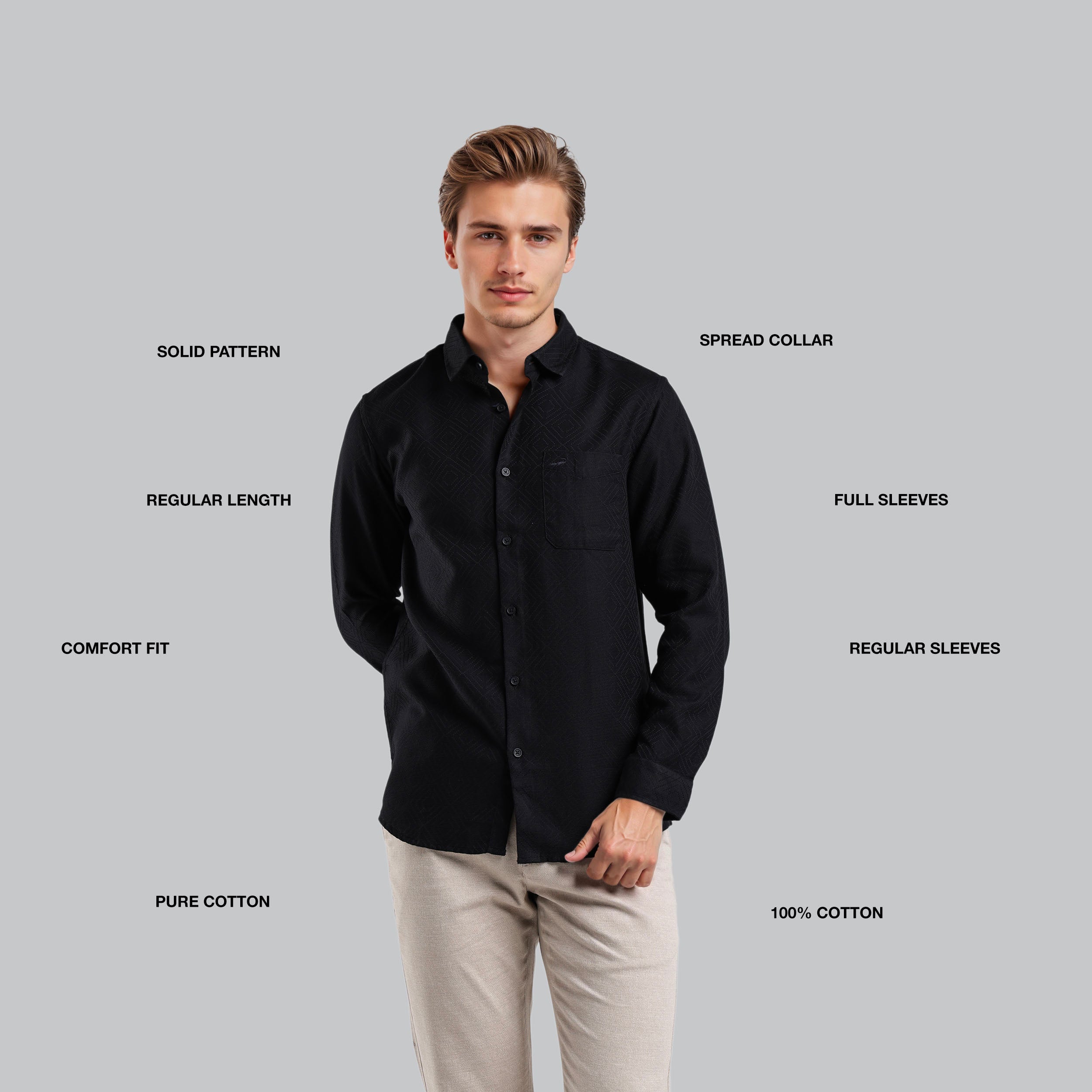 Man wearing a black shirt with text labels on a gray background