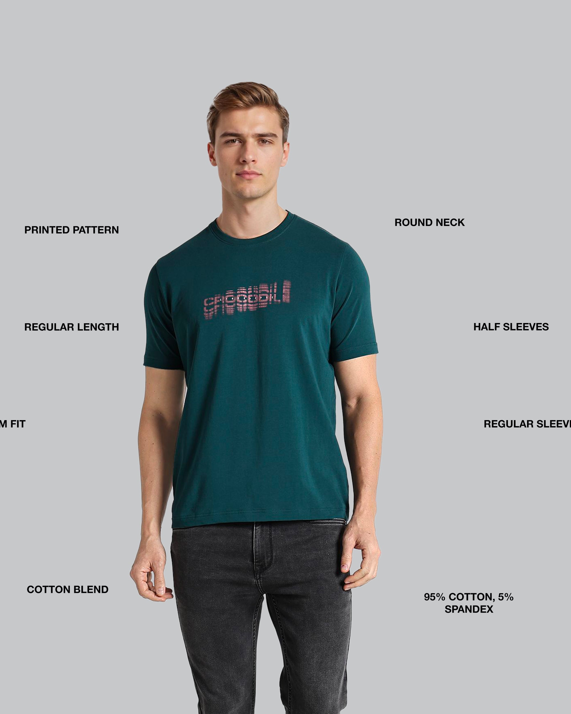 Man wearing a green t-shirt with text on a gray background, featuring text labels about shirt details.
