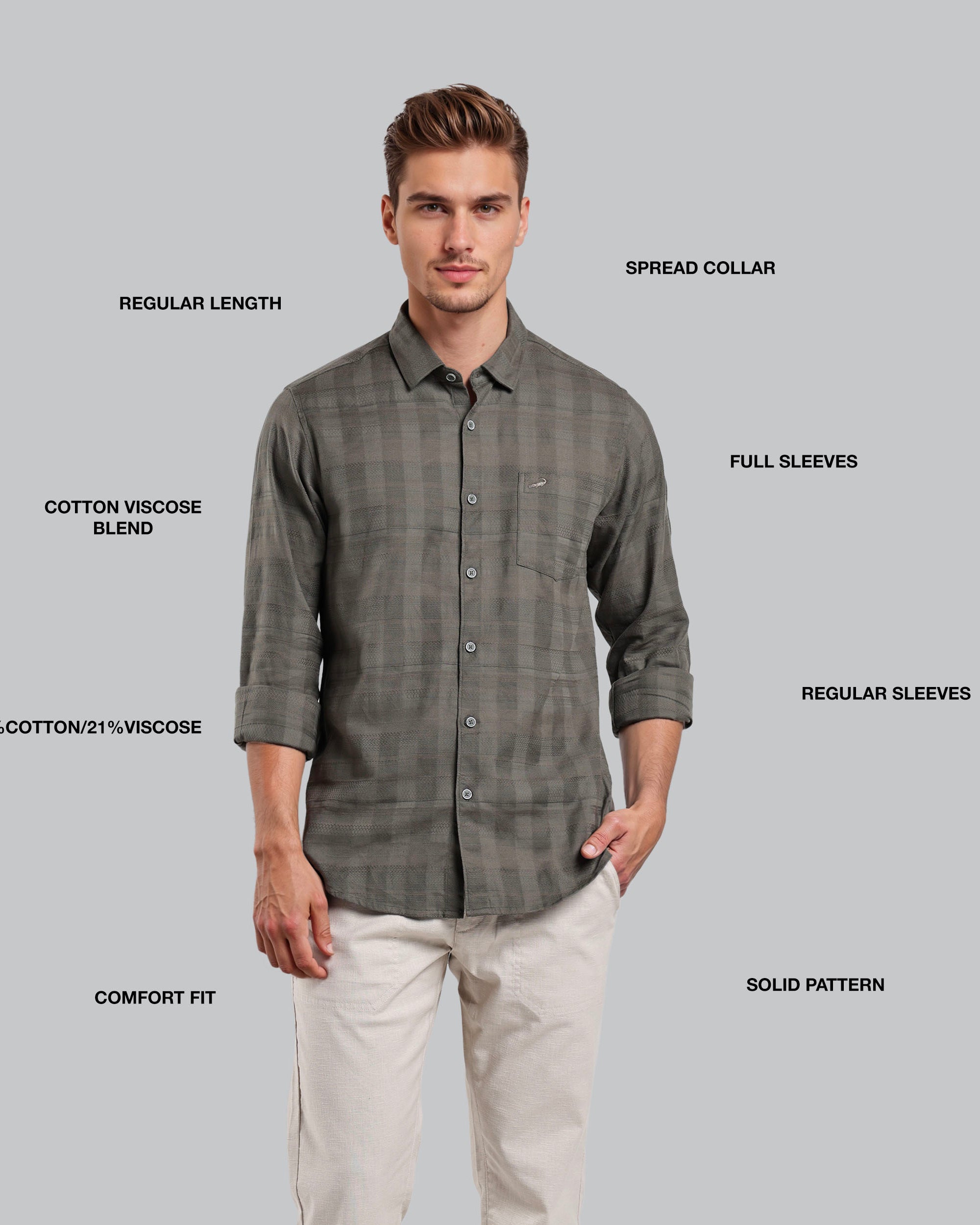 Man wearing a gray checkered shirt with text labels on a gray background