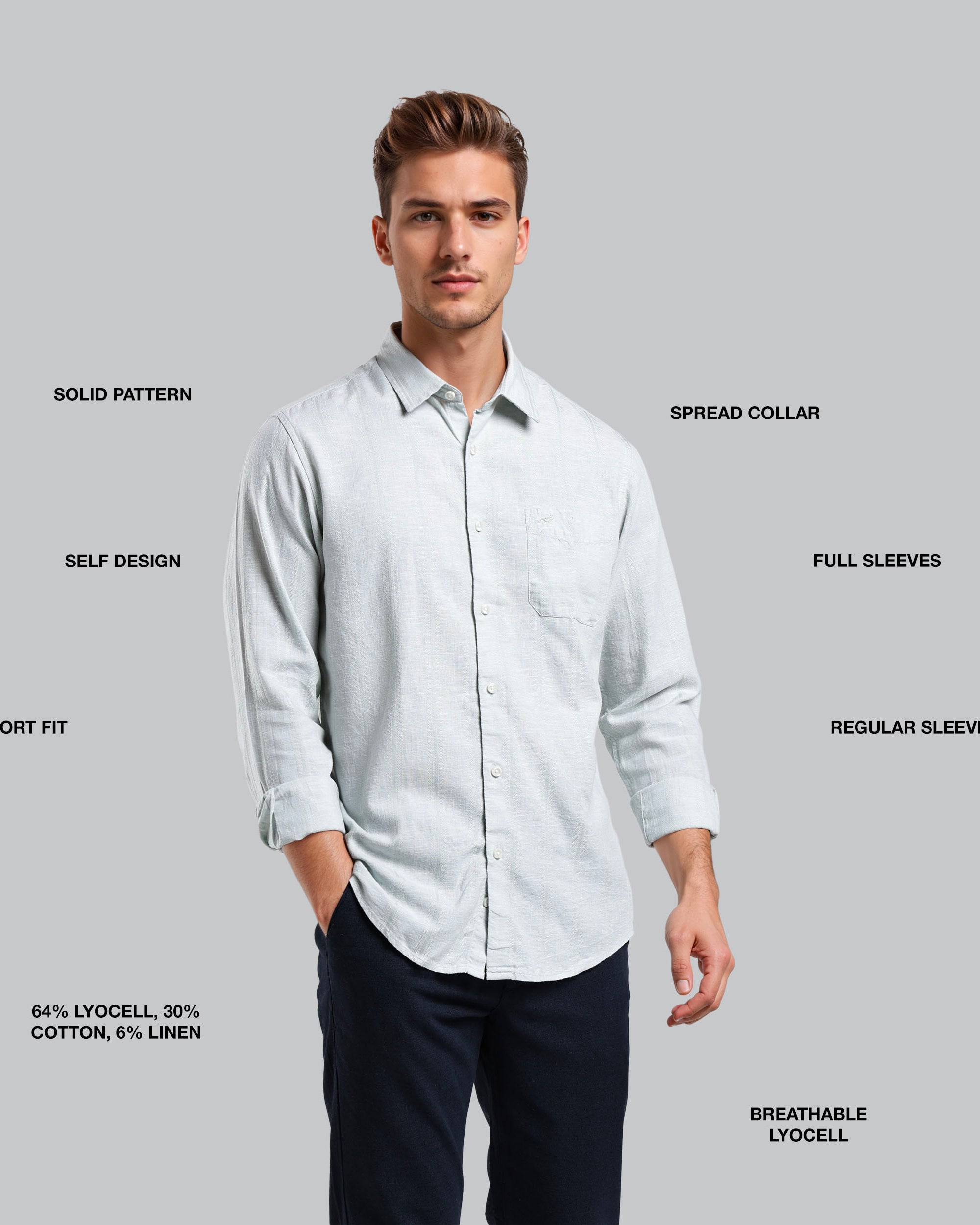 Man wearing a light gray shirt with text labels on a gray background