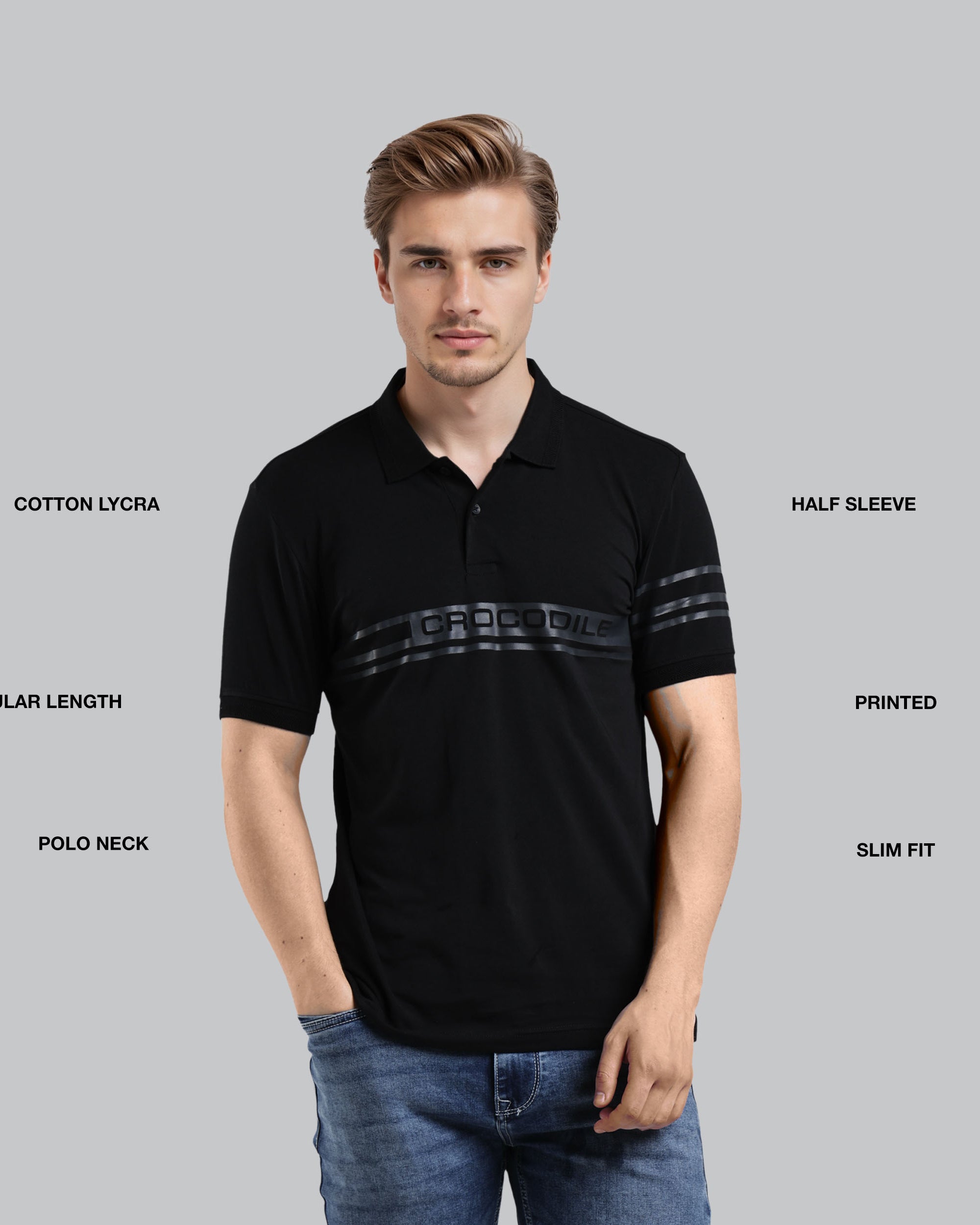 Man wearing a black polo shirt with text labels on a gray background