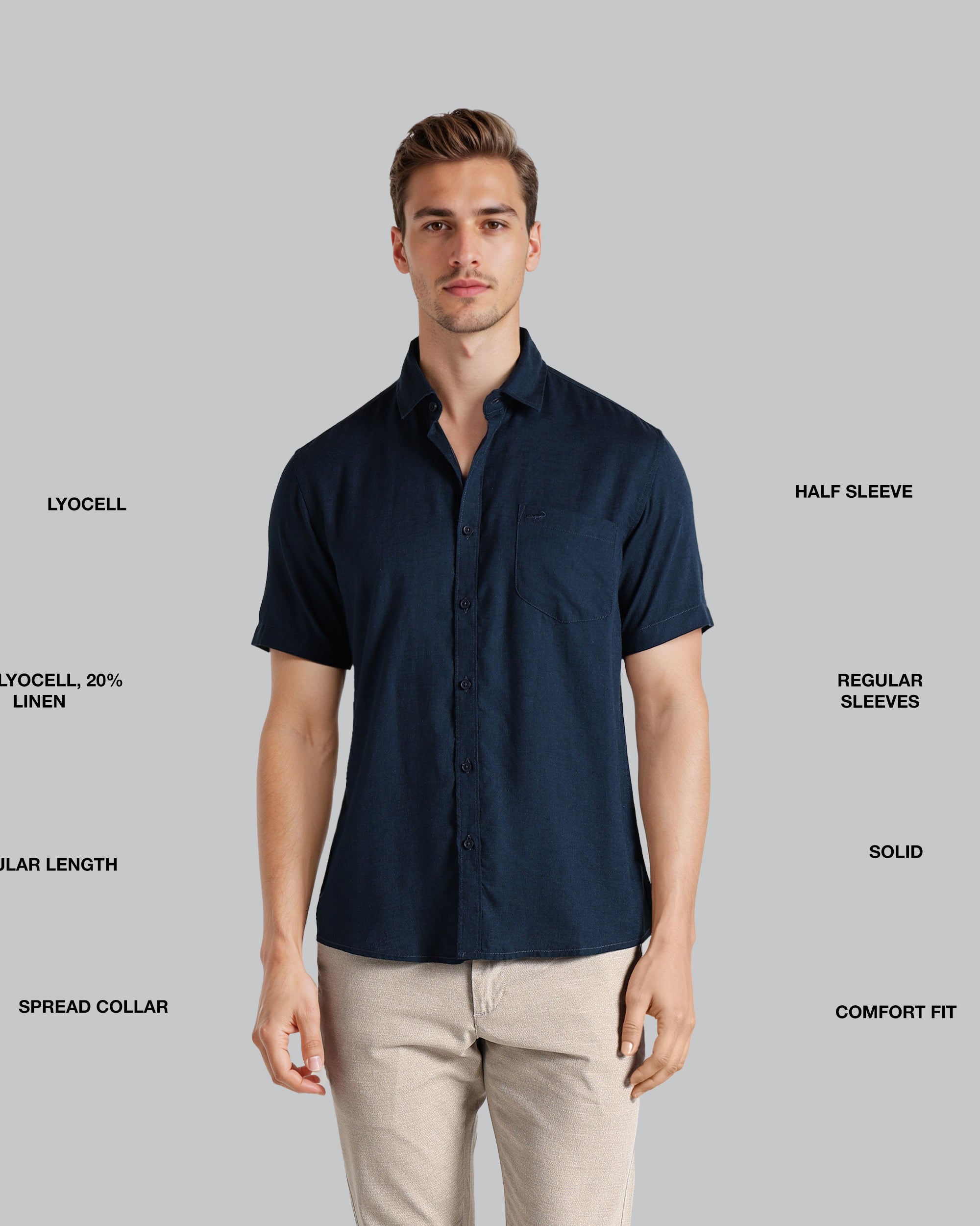 Man wearing a navy blue shirt with text labels on a gray background