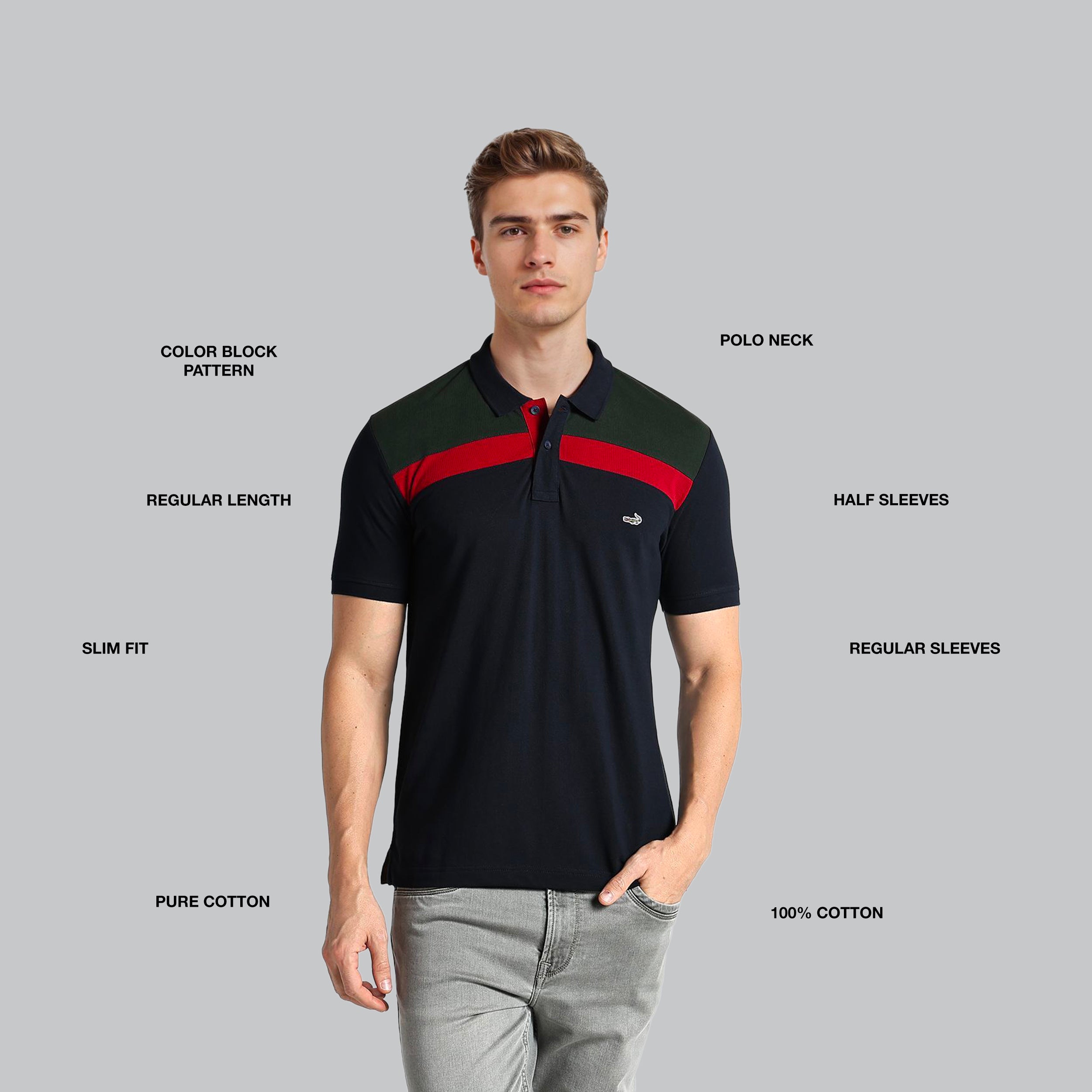 Man wearing a black and red polo shirt with feature labels on a gray background