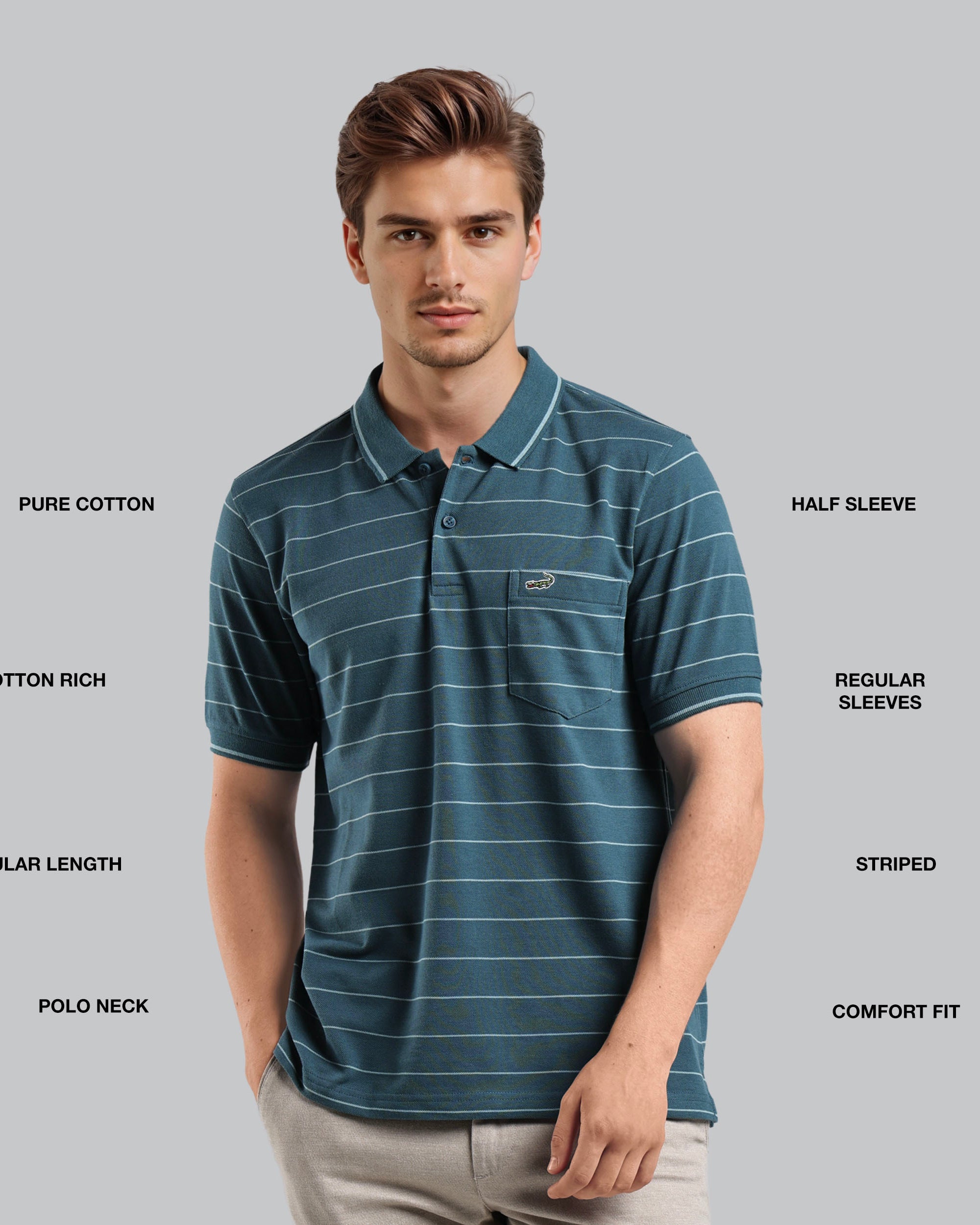 Man wearing a blue striped polo shirt with text describing features on a gray background
