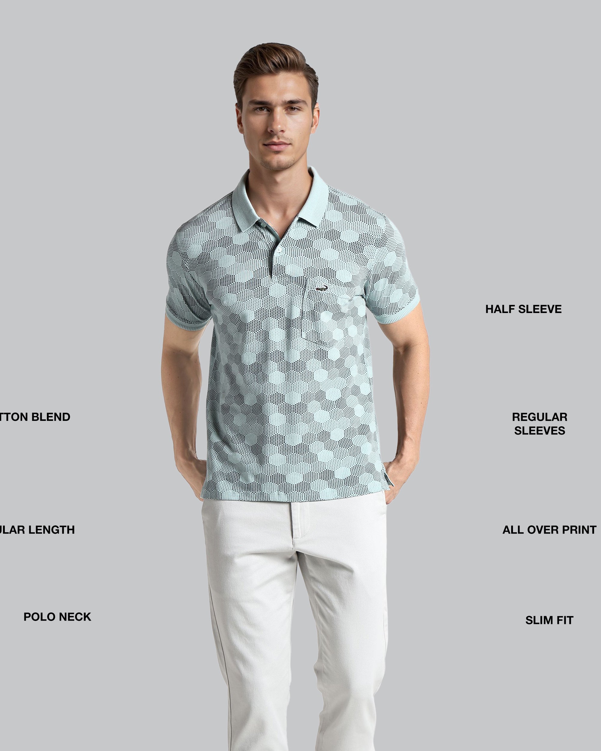 Man wearing a patterned polo shirt with text describing features on a gray background