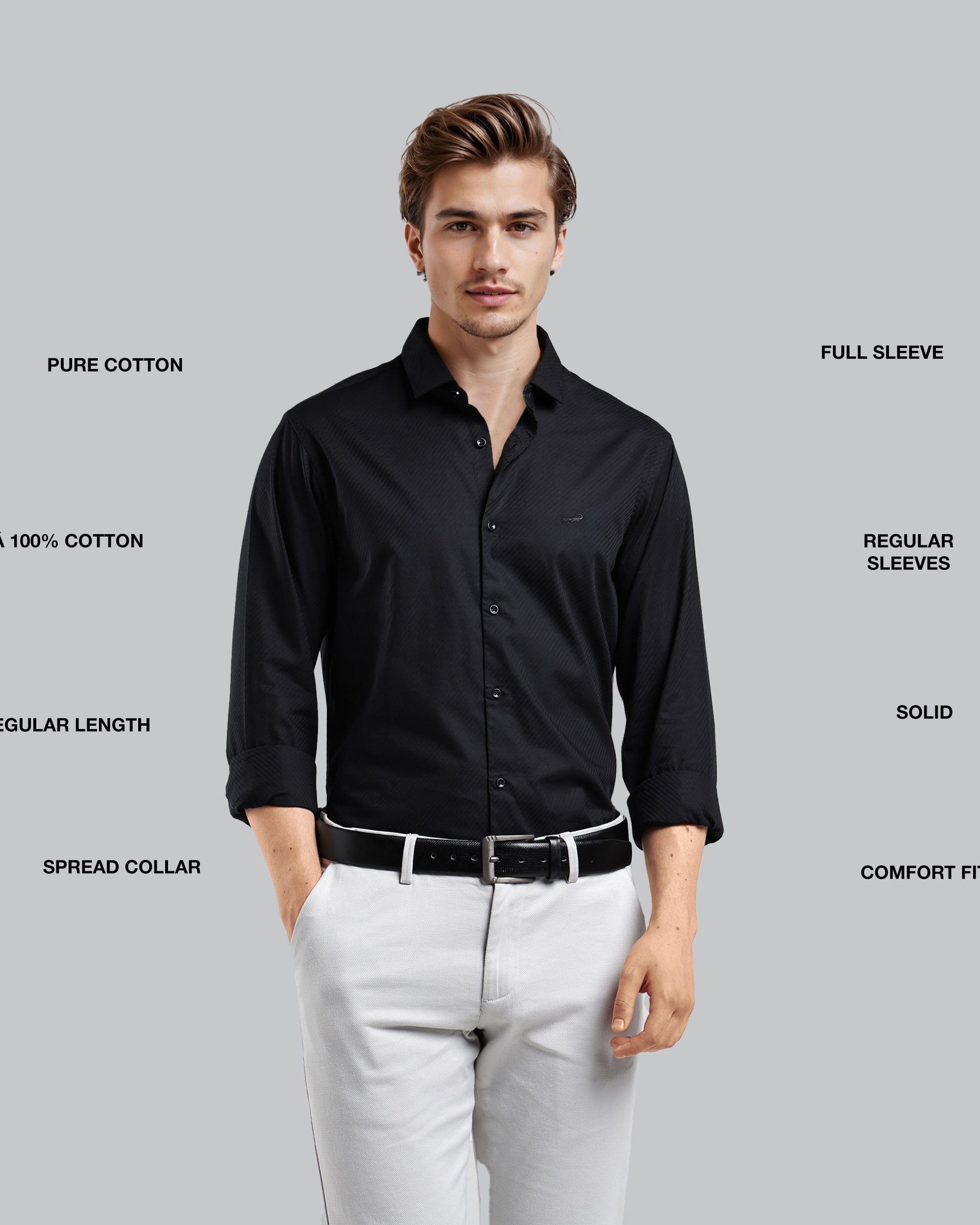 Man wearing a black shirt with text labels on a gray background