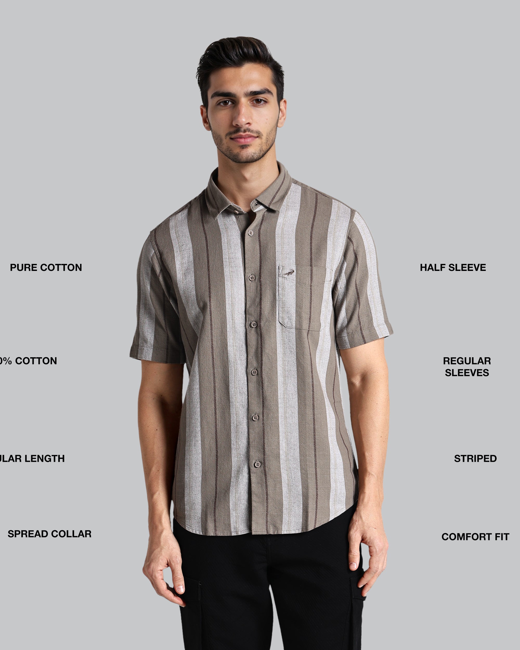 Man wearing a striped shirt with text describing features on a gray background