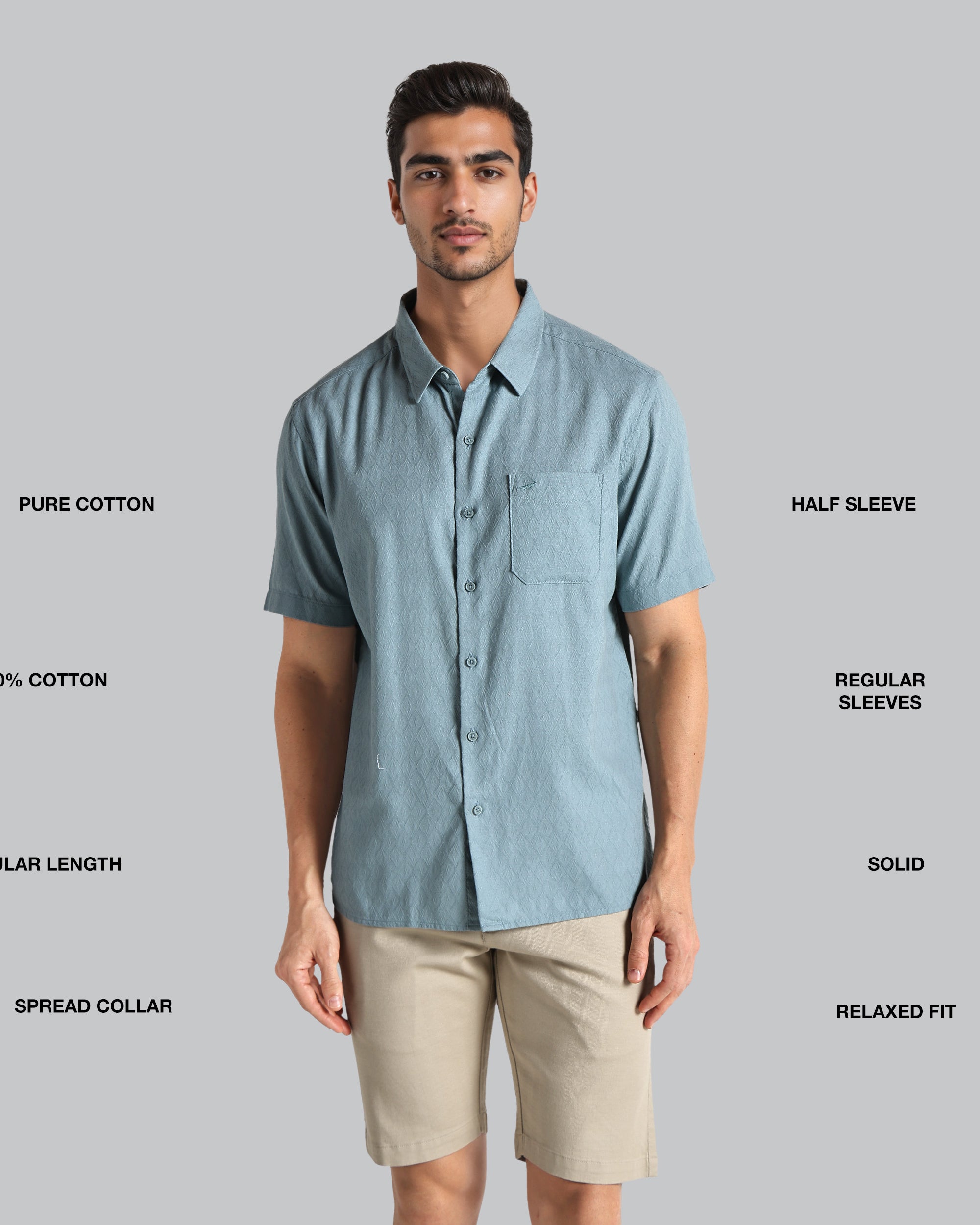 Man wearing a light blue shirt with text describing features on a gray background