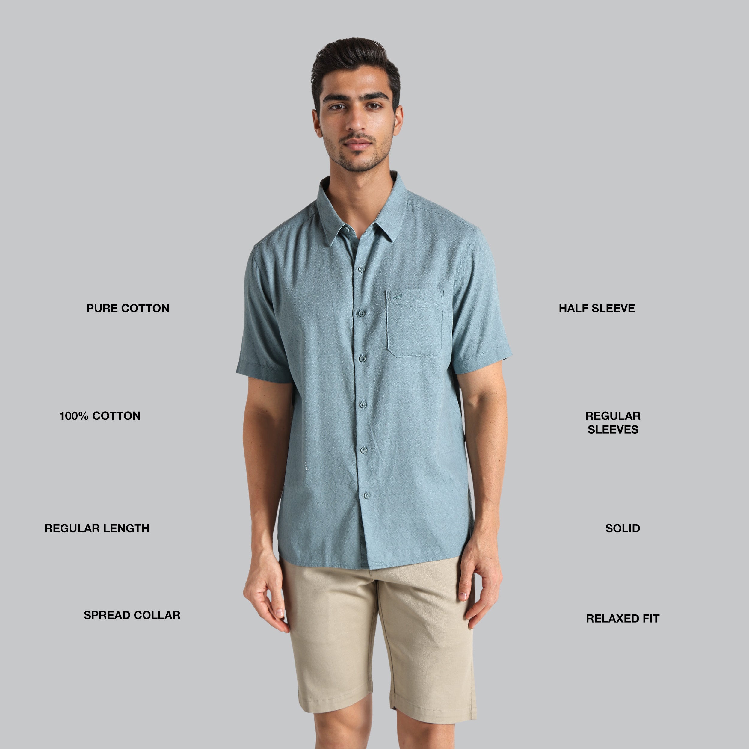 Man wearing a light blue shirt with text describing features on a gray background