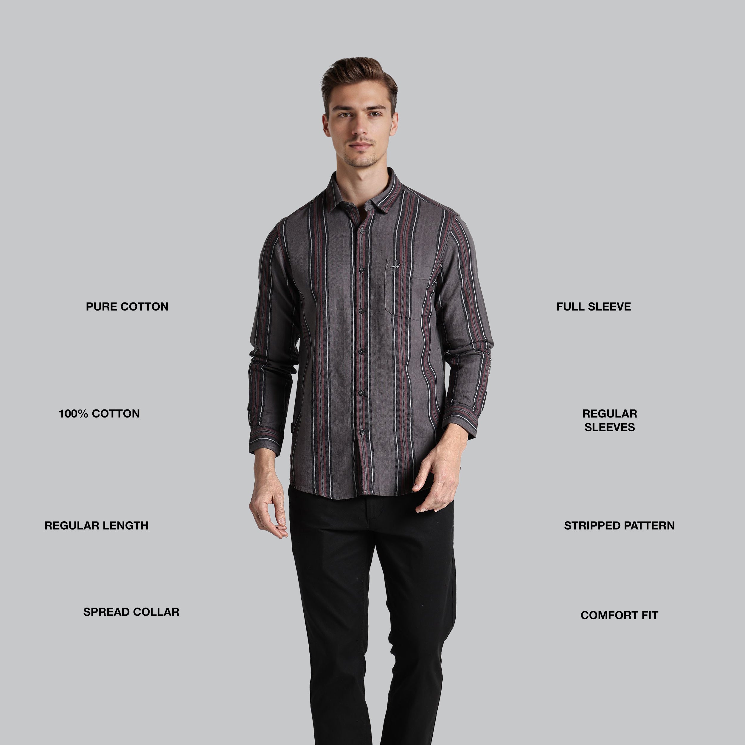 Man wearing a striped shirt with text describing features on a gray background