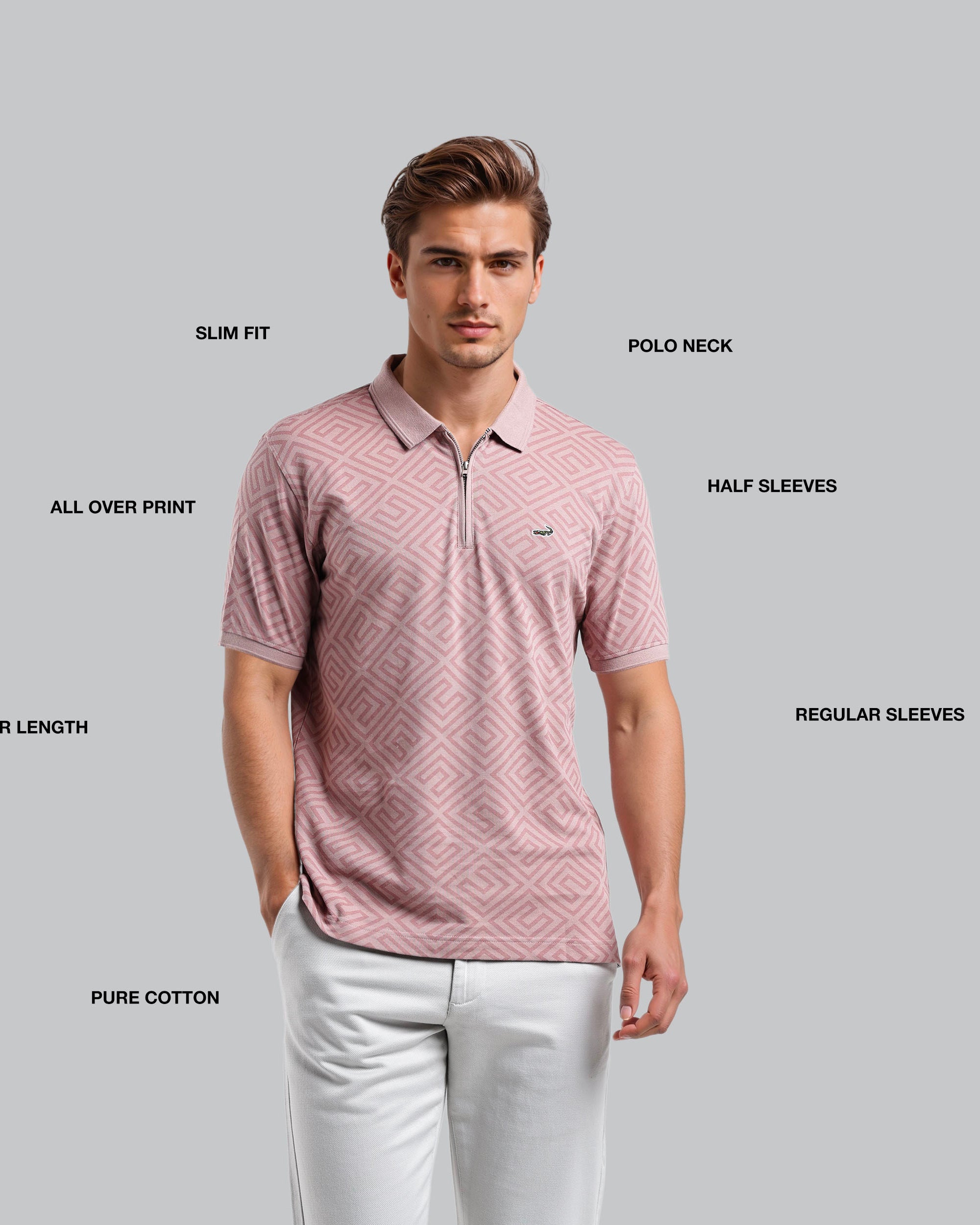 Man wearing a pink patterned polo shirt with text labels on a gray background