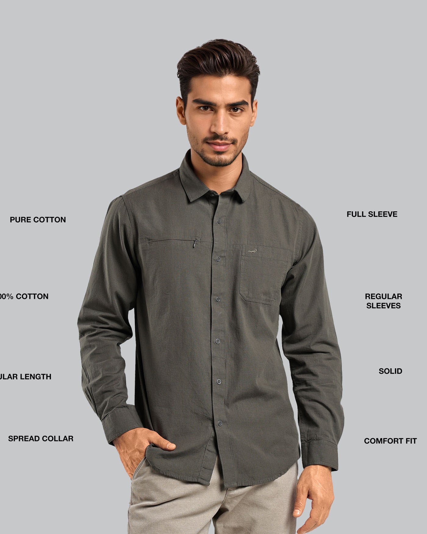 Man wearing a gray shirt with text describing features on a gray background