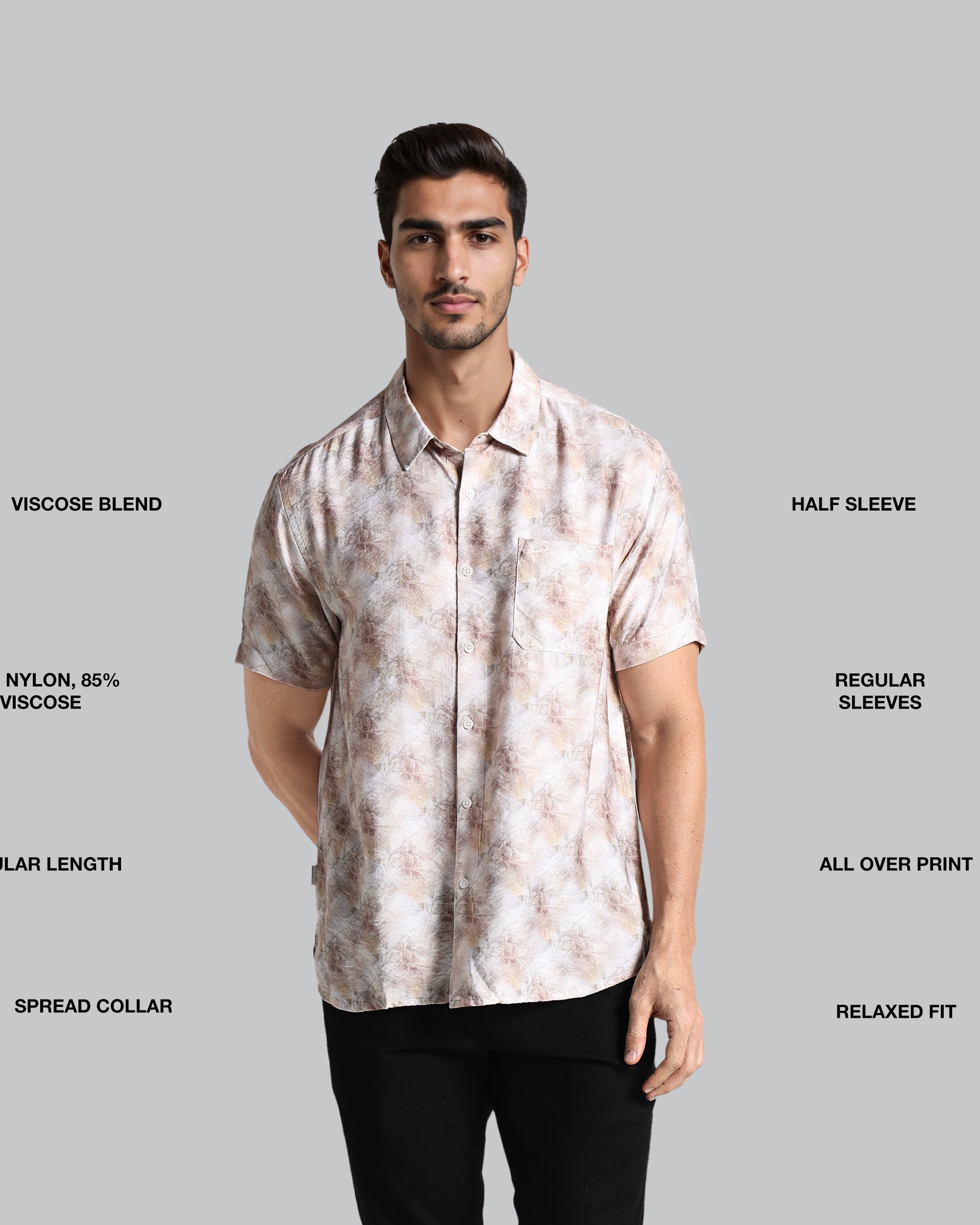 Man wearing a patterned shirt with text describing fabric blend, sleeve length, and other details on a gray background