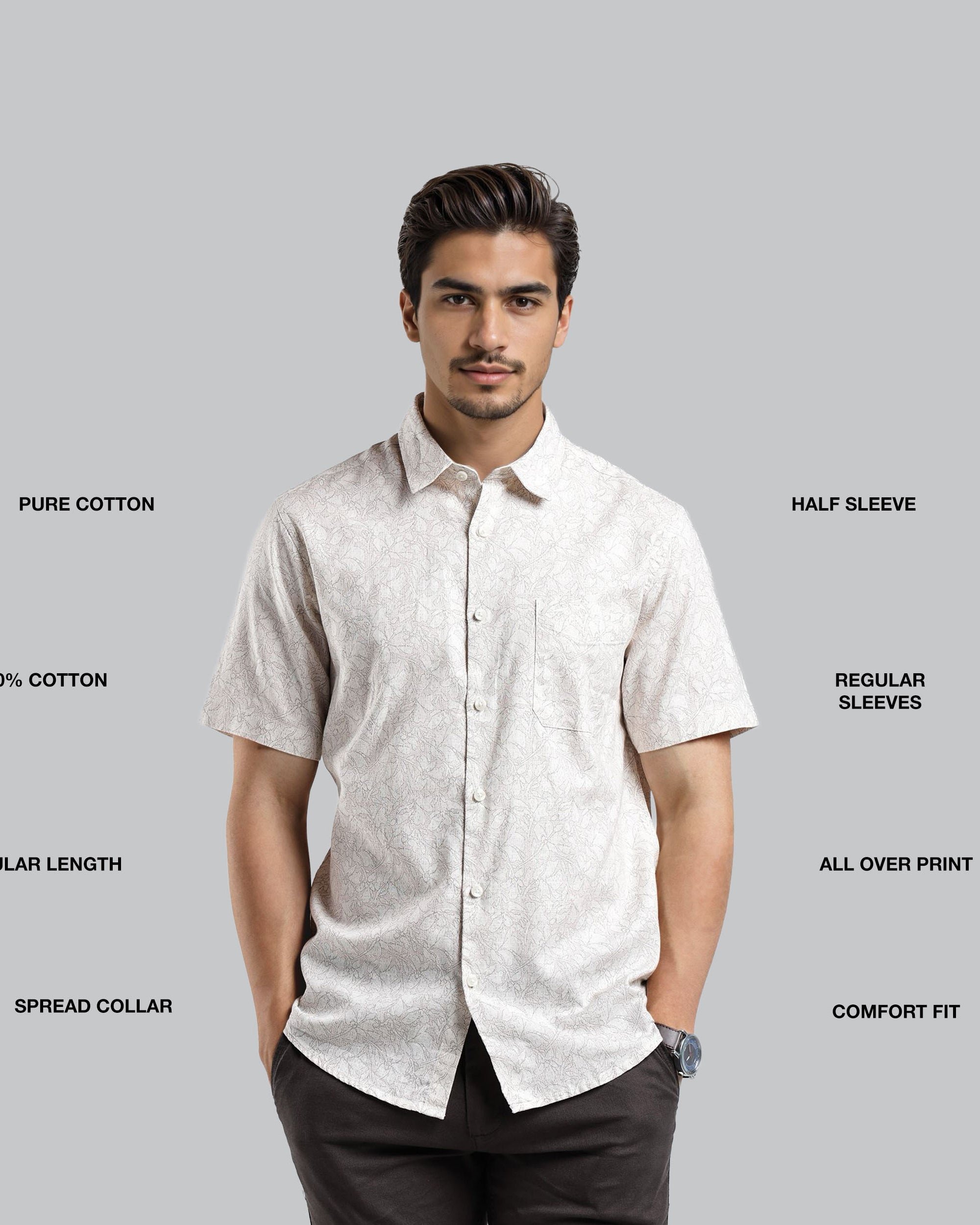 Man wearing a white short-sleeve shirt with text describing features on a gray background